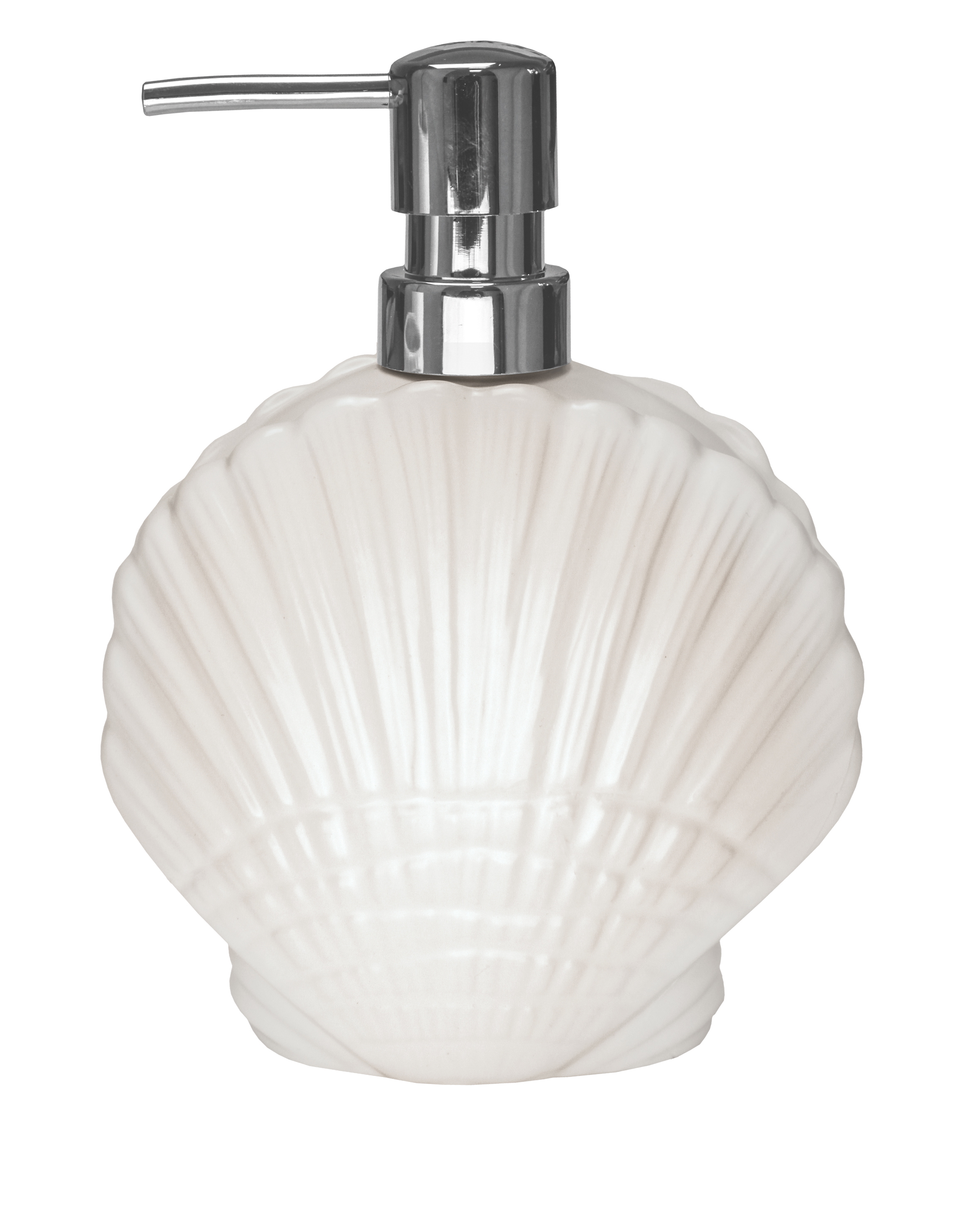 Seifenspender CONCHA Weiß Seifenspender in Muschelform, weiß, mit glänzendem Chrom-Pumpkopf, ideal für maritime Badezimmerdekoration.
