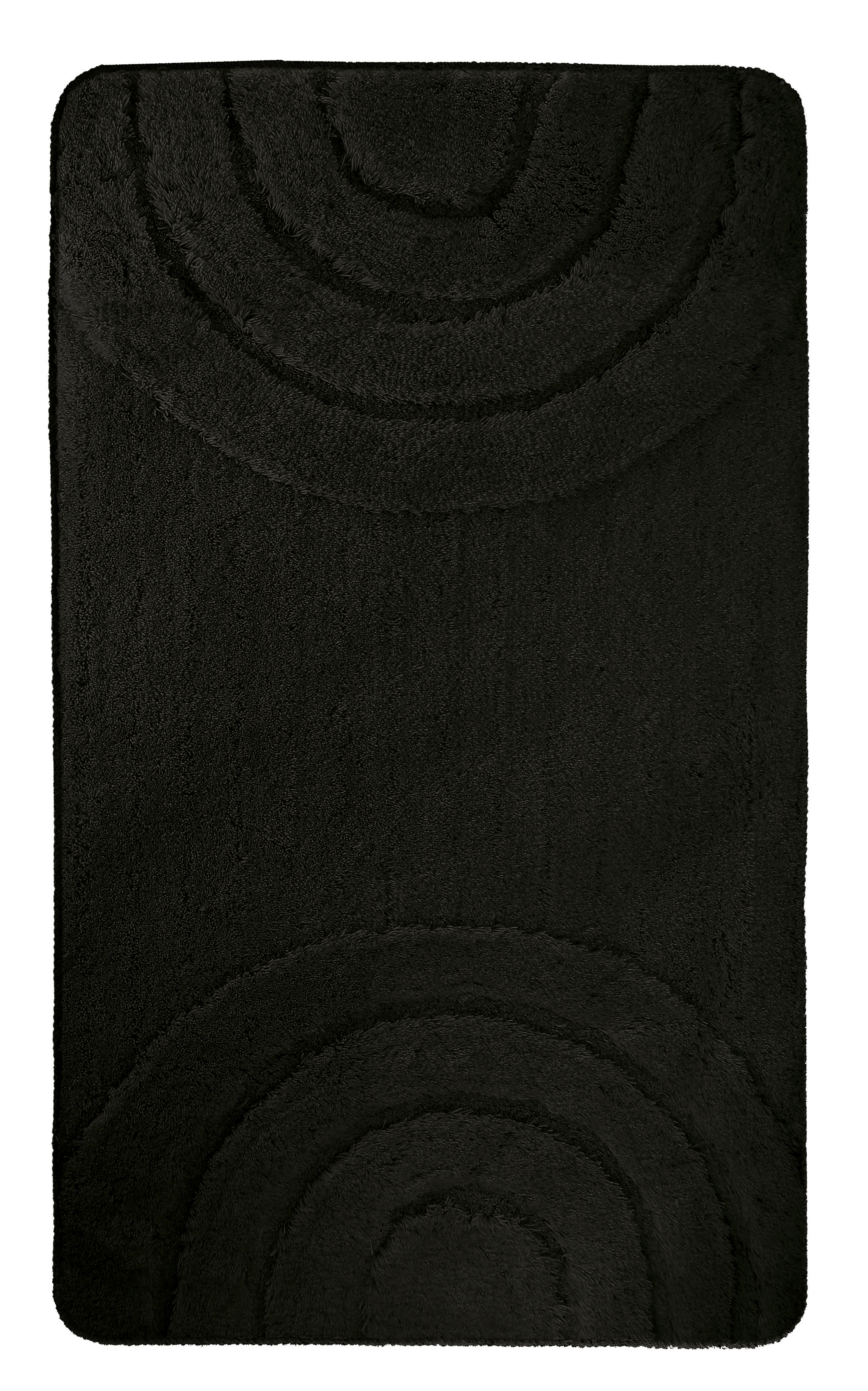 Badteppich BOW Schwarz 70 x 120 cm Schwarzer rechteckiger Badteppich mit dezentem, kreisförmigem Muster, flauschige Textur, rutschfeste Unterseite.