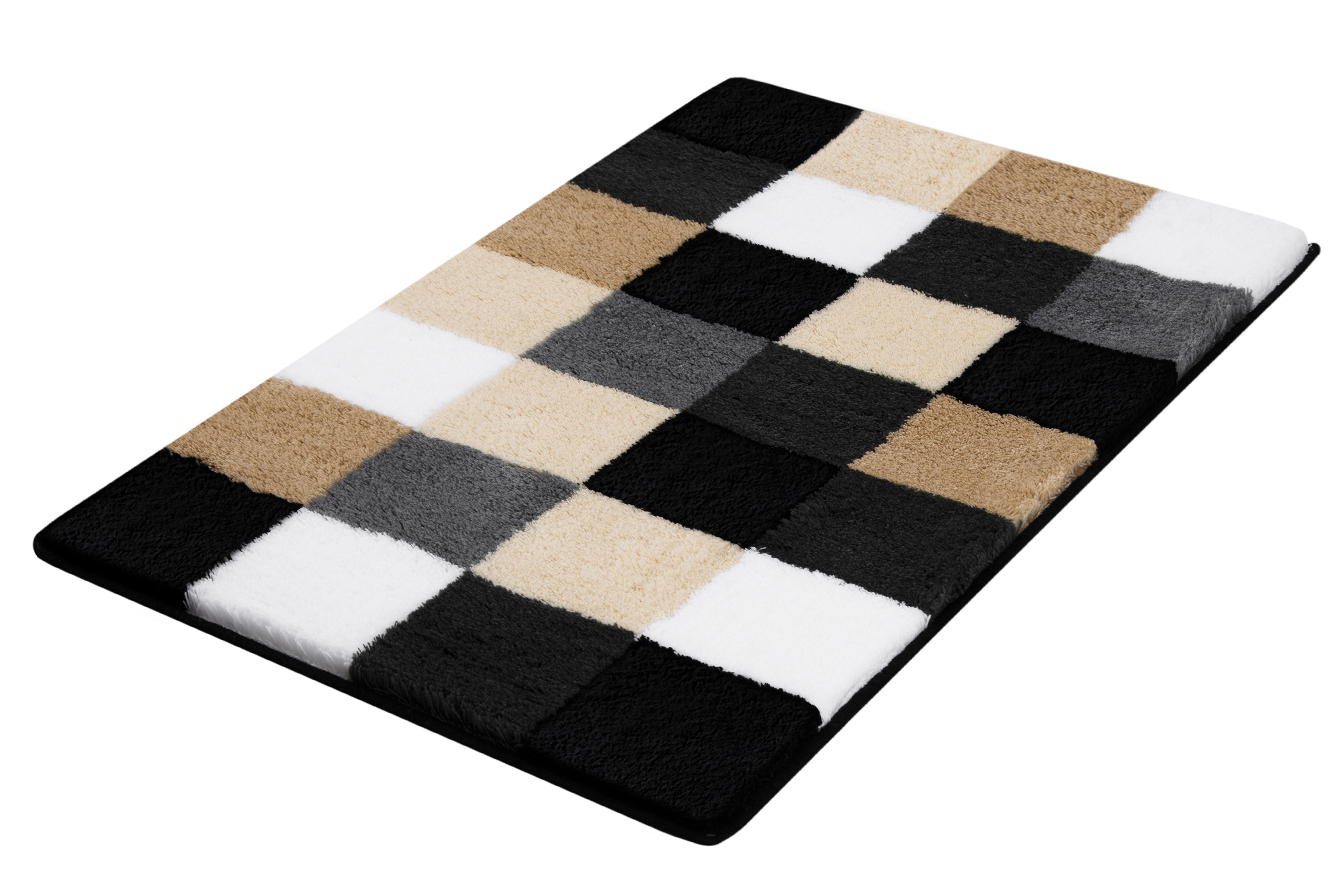 Moderner Badteppich mit Karomuster in Schwarz, Weiß, Grau und Beige. Weiche, flauschige Oberfläche für ein angenehmes Gefühl unter den Füßen.