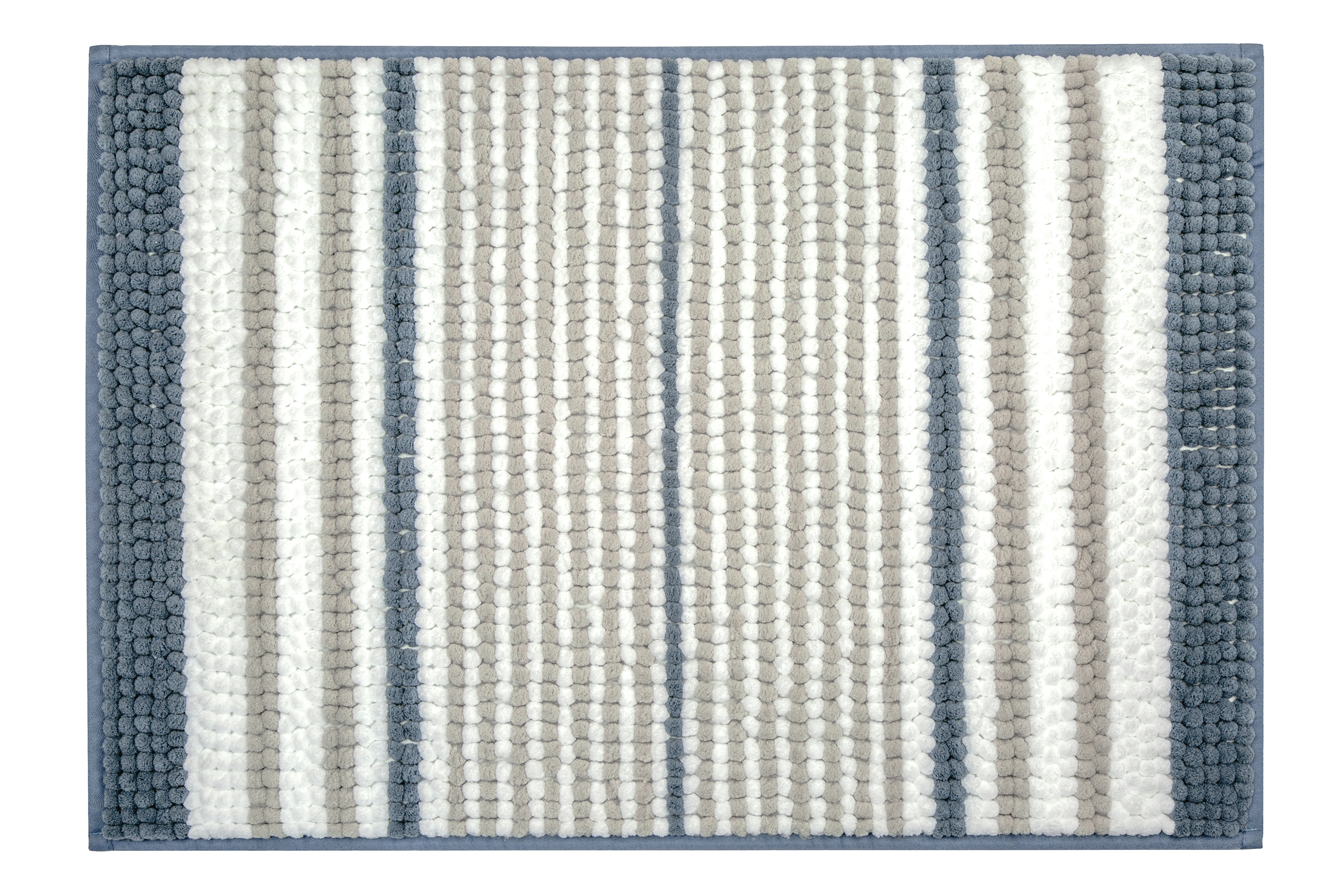 Quadratischer Badteppich mit Streifenmuster in Weiß, Grau und Blau. Weiche, strukturierte Oberfläche für ein angenehmes Gefühl.