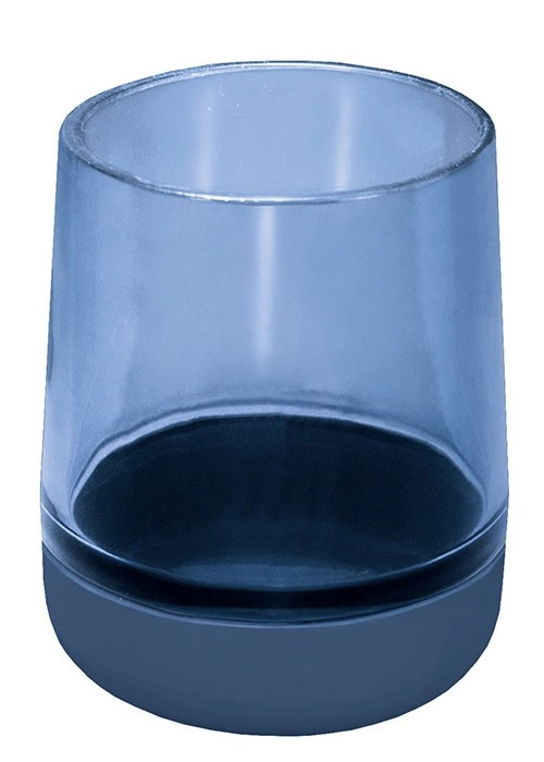 Blauer Zahnputzbecher aus Kunststoff mit modernem, transparentem Design und stabilem Standfuß.