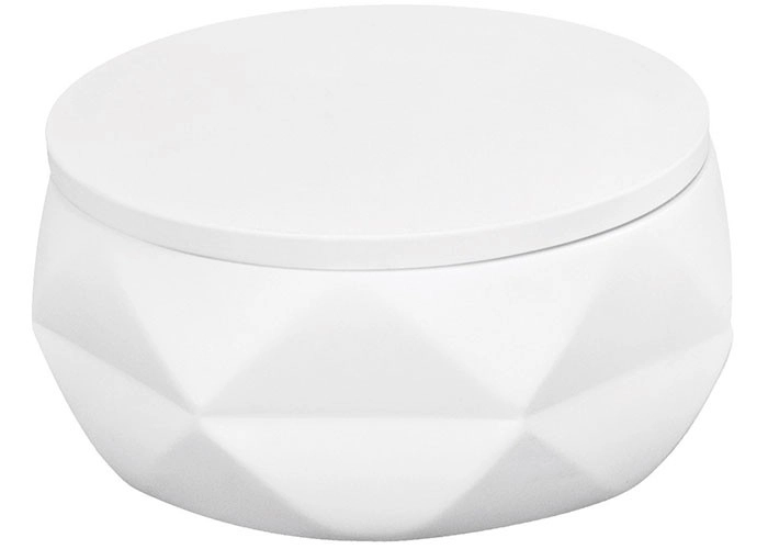 4004478319462 Weiße, runde Aufbewahrungsdose mit geometrischem Muster und abnehmbarem Deckel. Ideal für Badezimmer oder Wohnräume.