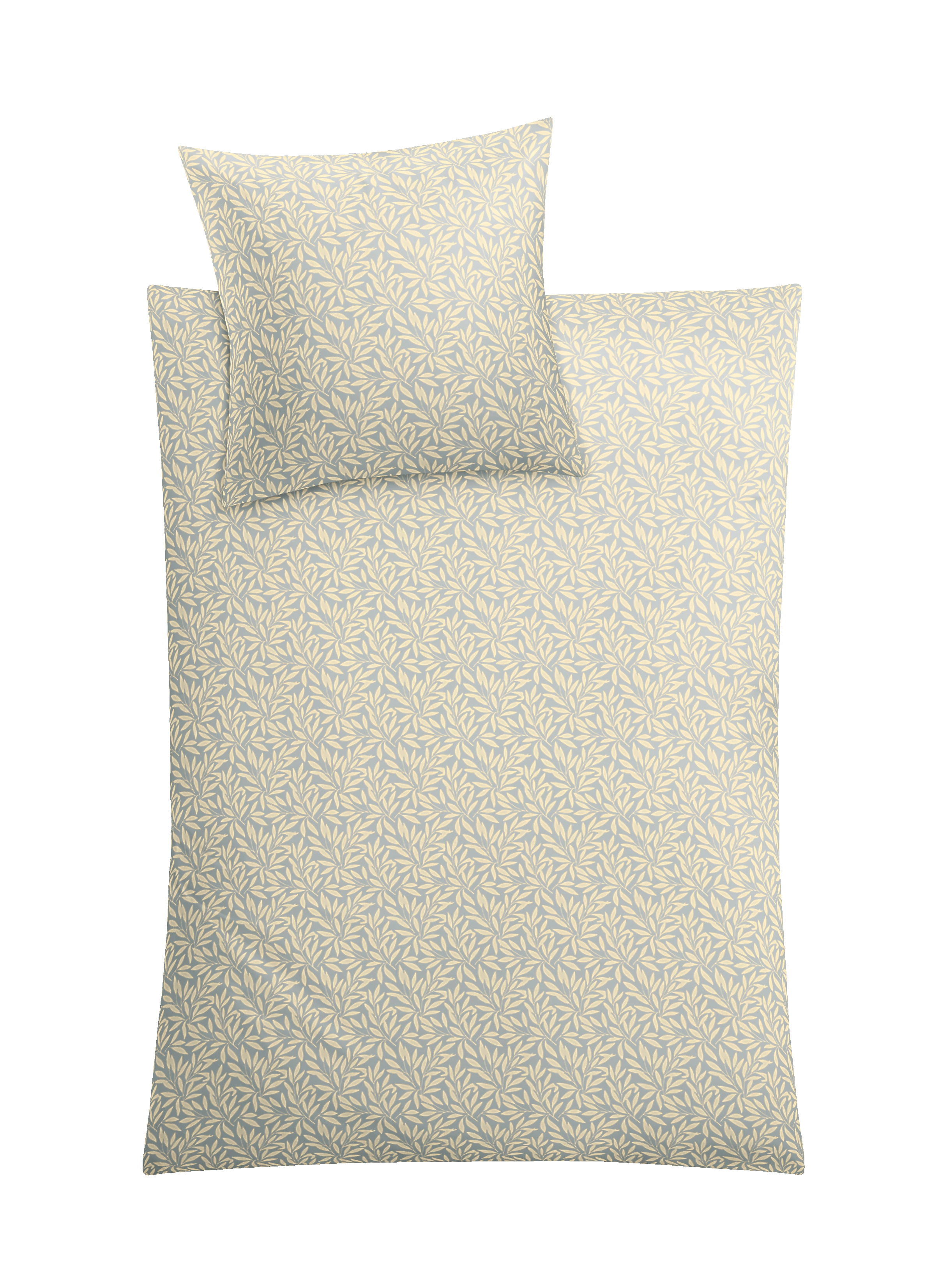 Bettwäsche Satin SALVIA Gelb 135 x 200 cm und 80 x 80 cm Bettwäsche-Set mit zartem Blattmuster in Beige und Hellblau, bestehend aus Decken- und Kissenbezug.