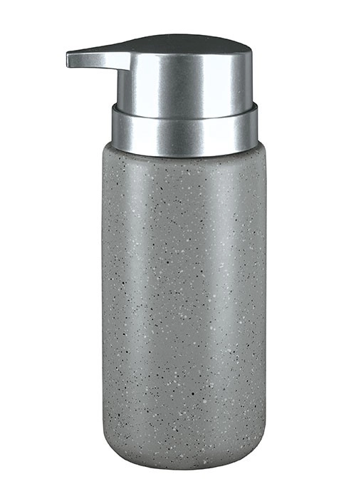 4004478289550 Grauer Seifenspender mit silbernem Pumpkopf, minimalistisches Design, ideal für moderne Badezimmer.