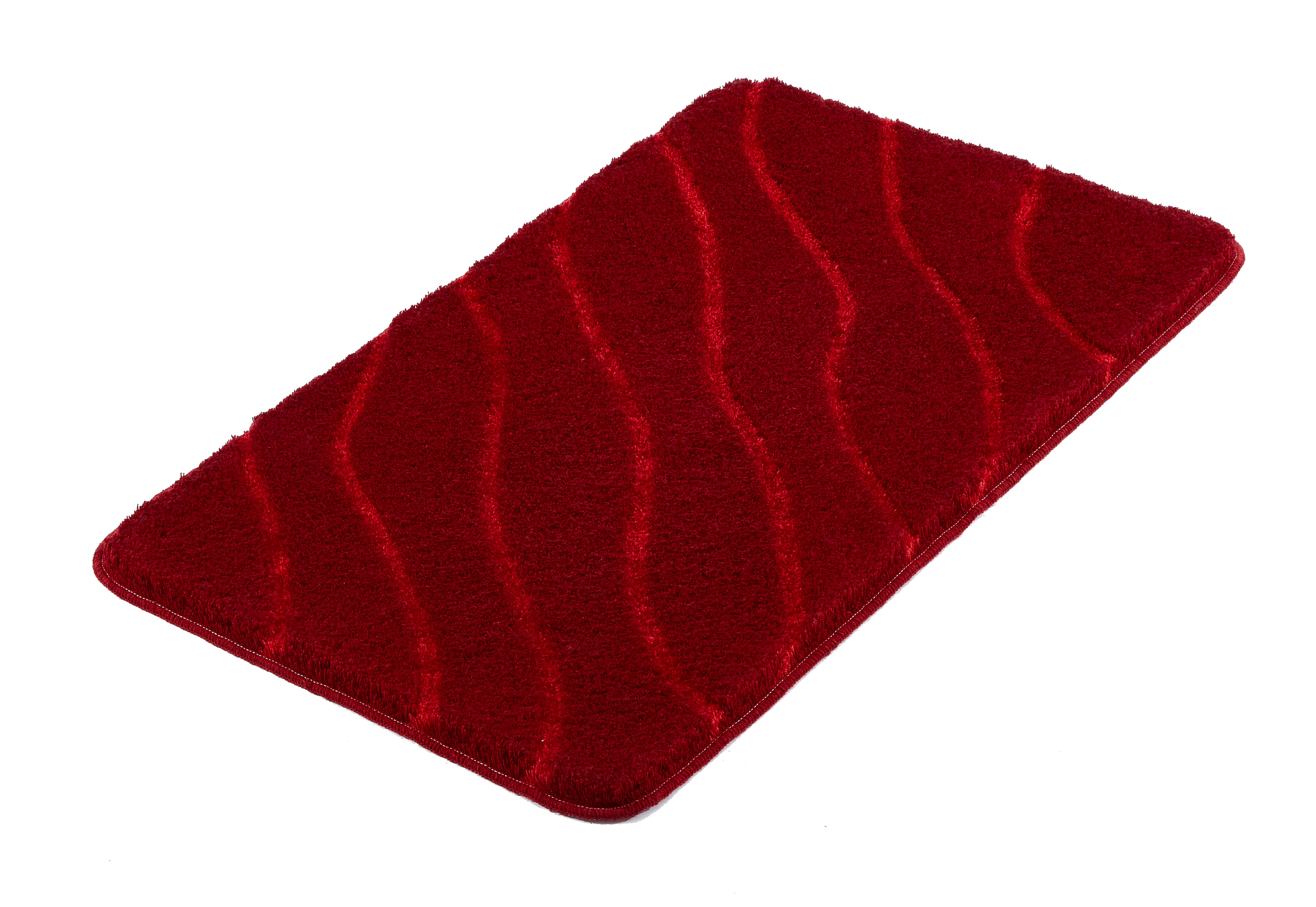 Rote Badematte mit wellenförmigem Muster, weiche Textur, rutschfeste Unterseite, ideal für Badezimmer.
