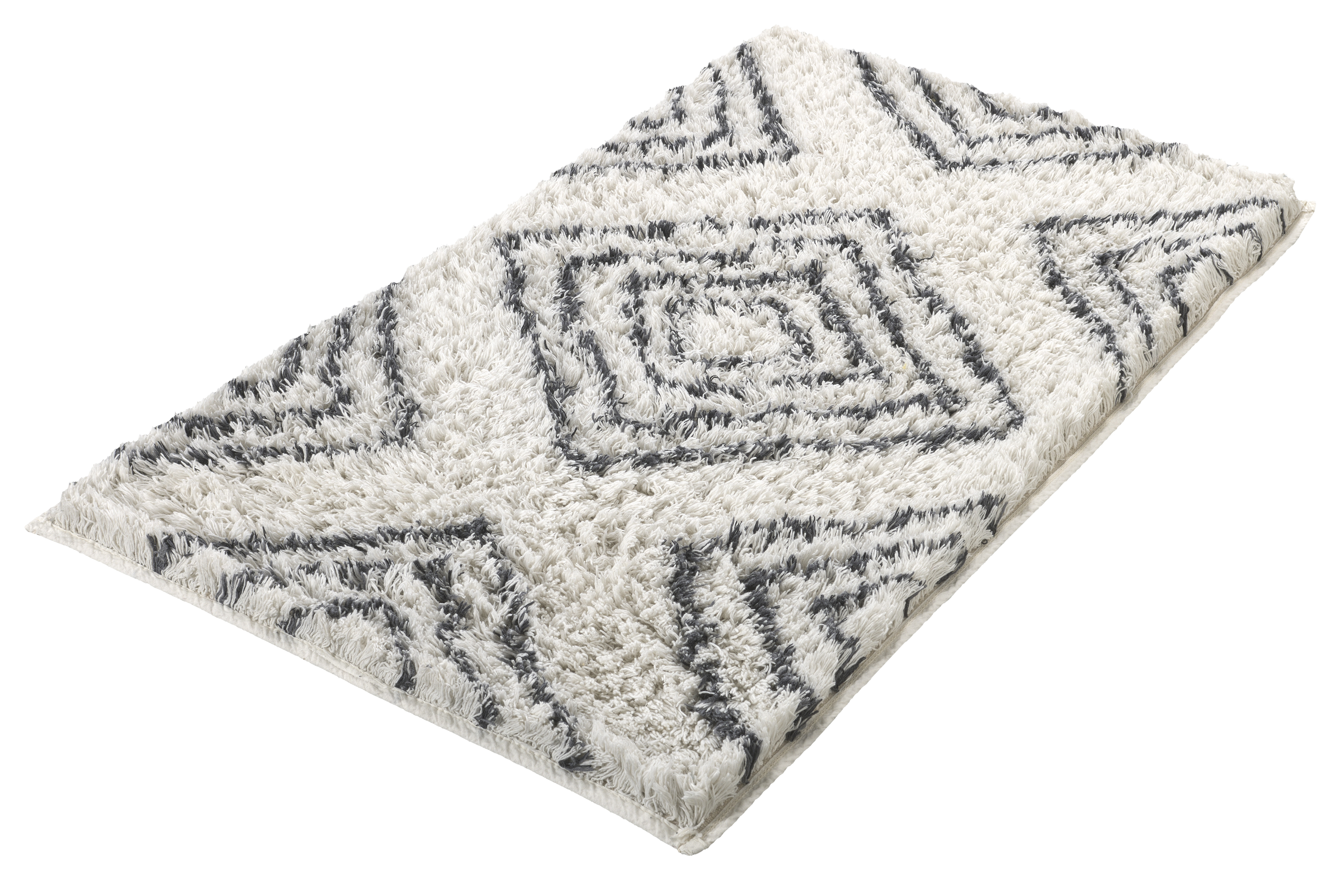 Badteppich BOHO Natur 70 x 120 cm Weißer Teppich mit grauem Rautenmuster, weiche Textur, ideal für Wohn- und Schlafzimmer.