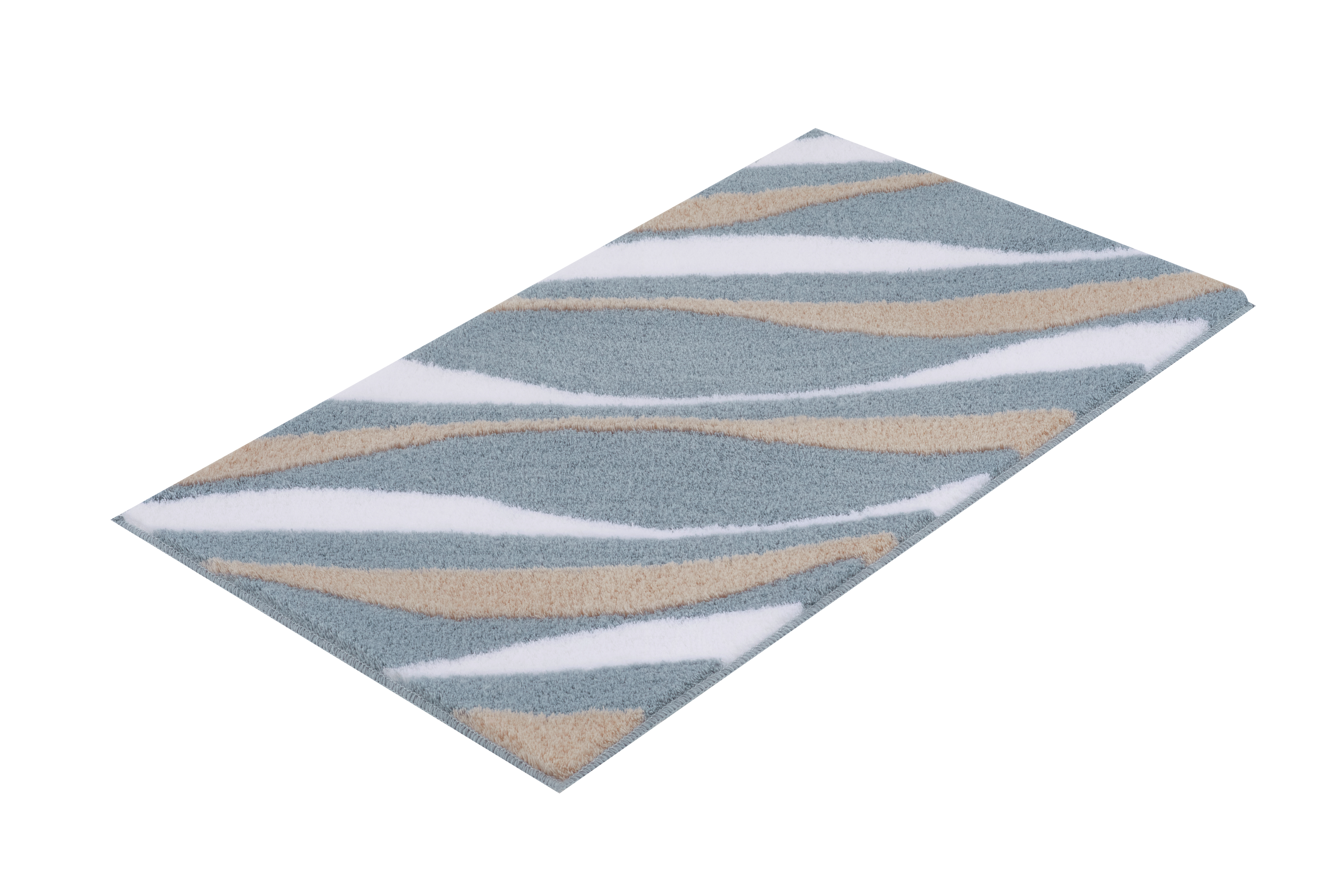 Moderner Badteppich mit wellenförmigem Muster in Blau, Beige und Weiß. Weiche, flauschige Oberfläche für ein angenehmes Gefühl.