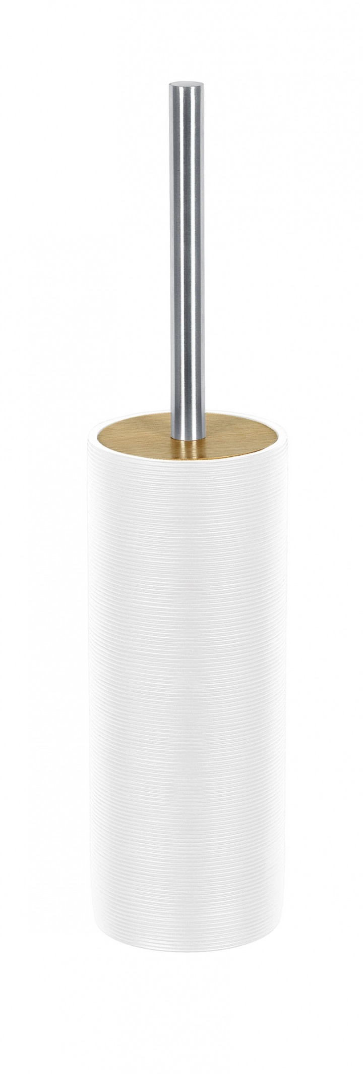 Moderner Toilettenbürstenhalter in Weiß mit Holzdeckel und Edelstahlgriff. Elegantes Design für stilvolle Badezimmer.