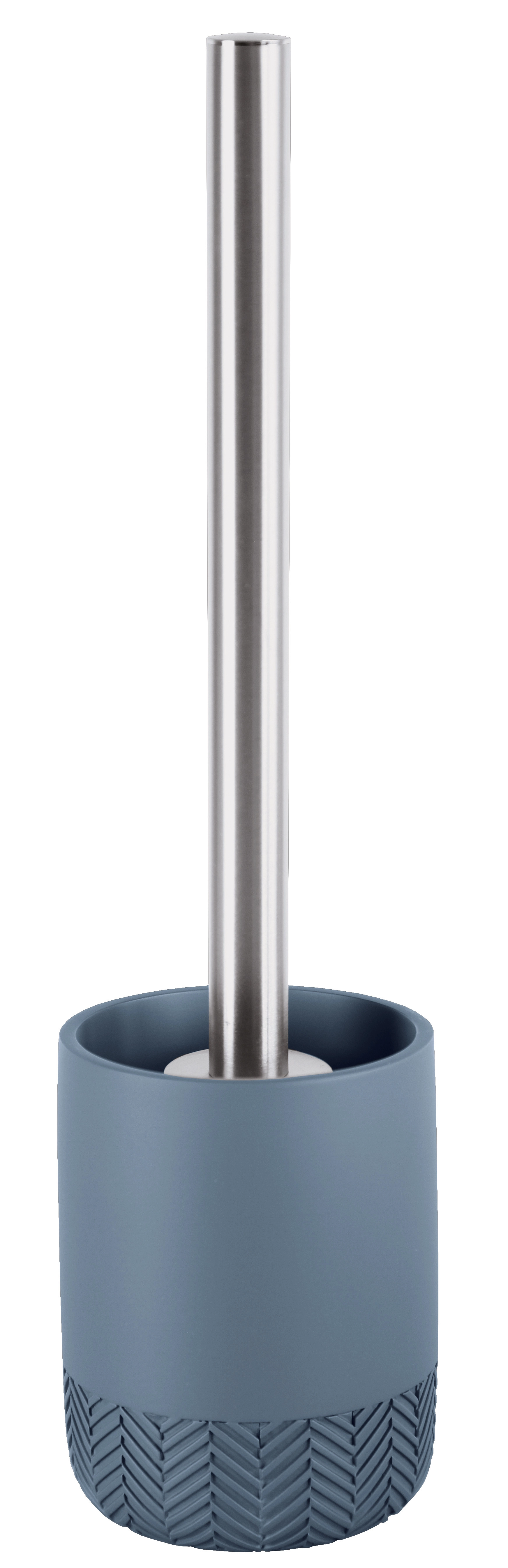 Toilettenbürstenhalter in modernem Design, graublau mit Edelstahlgriff und rutschfester Unterseite.