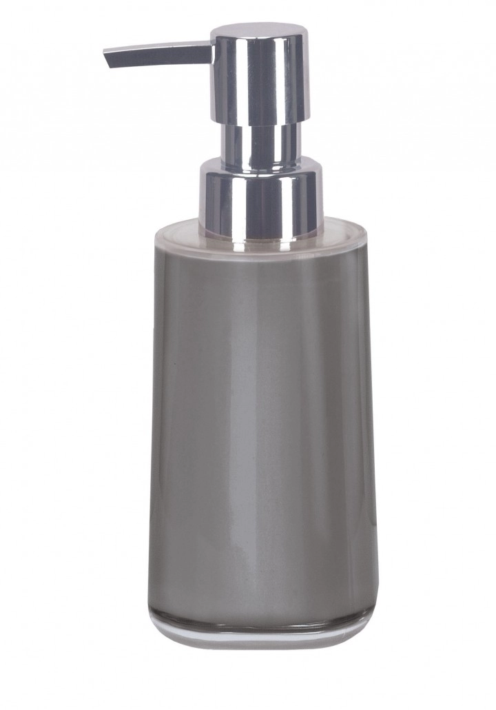 Moderner Seifenspender in elegantem Grau mit glänzendem Chrom-Pumpkopf. Ideal für stilvolle Badezimmer und Küchen.