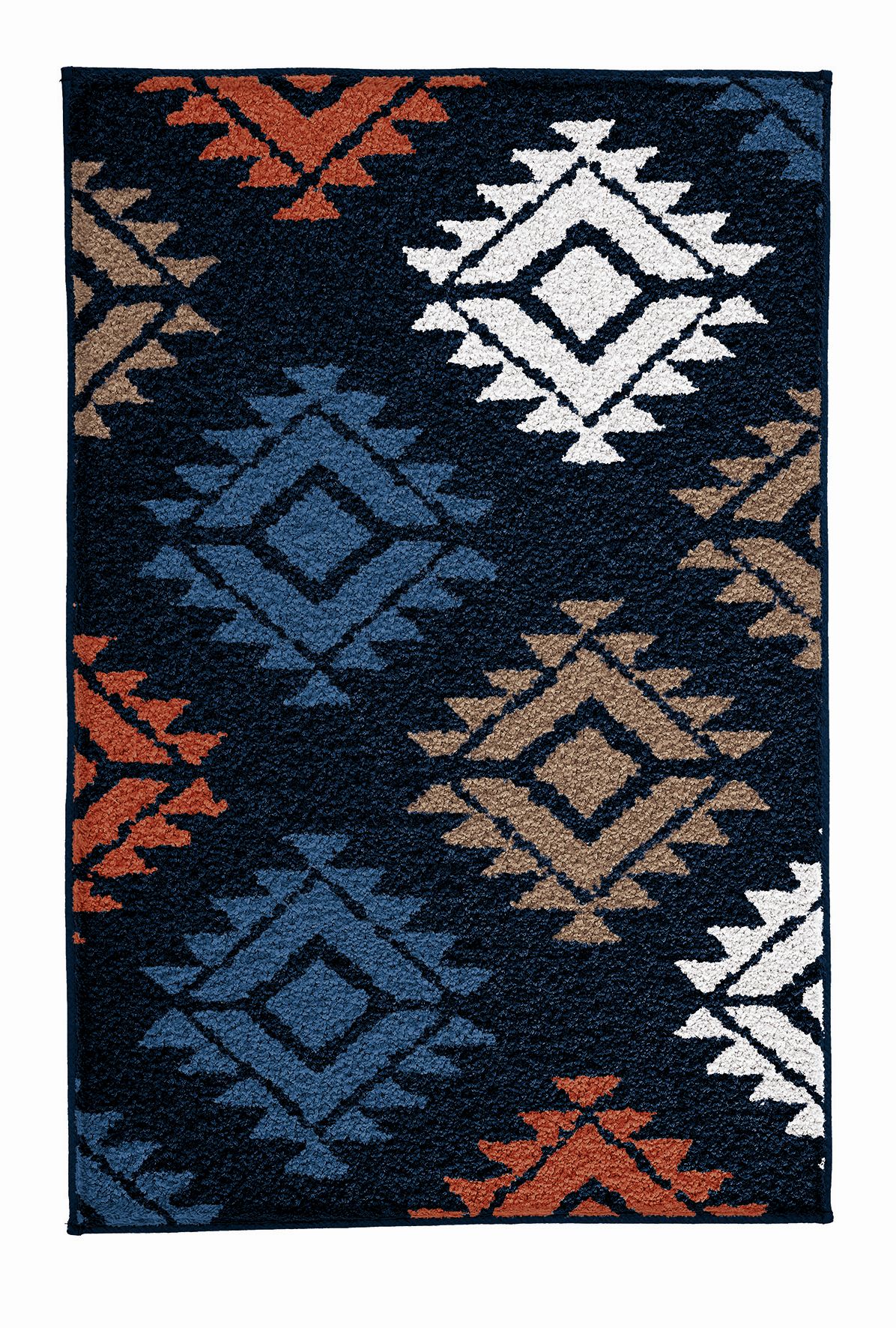 Teppich mit geometrischem Muster in Blau, Weiß, Braun und Orange auf schwarzem Hintergrund.