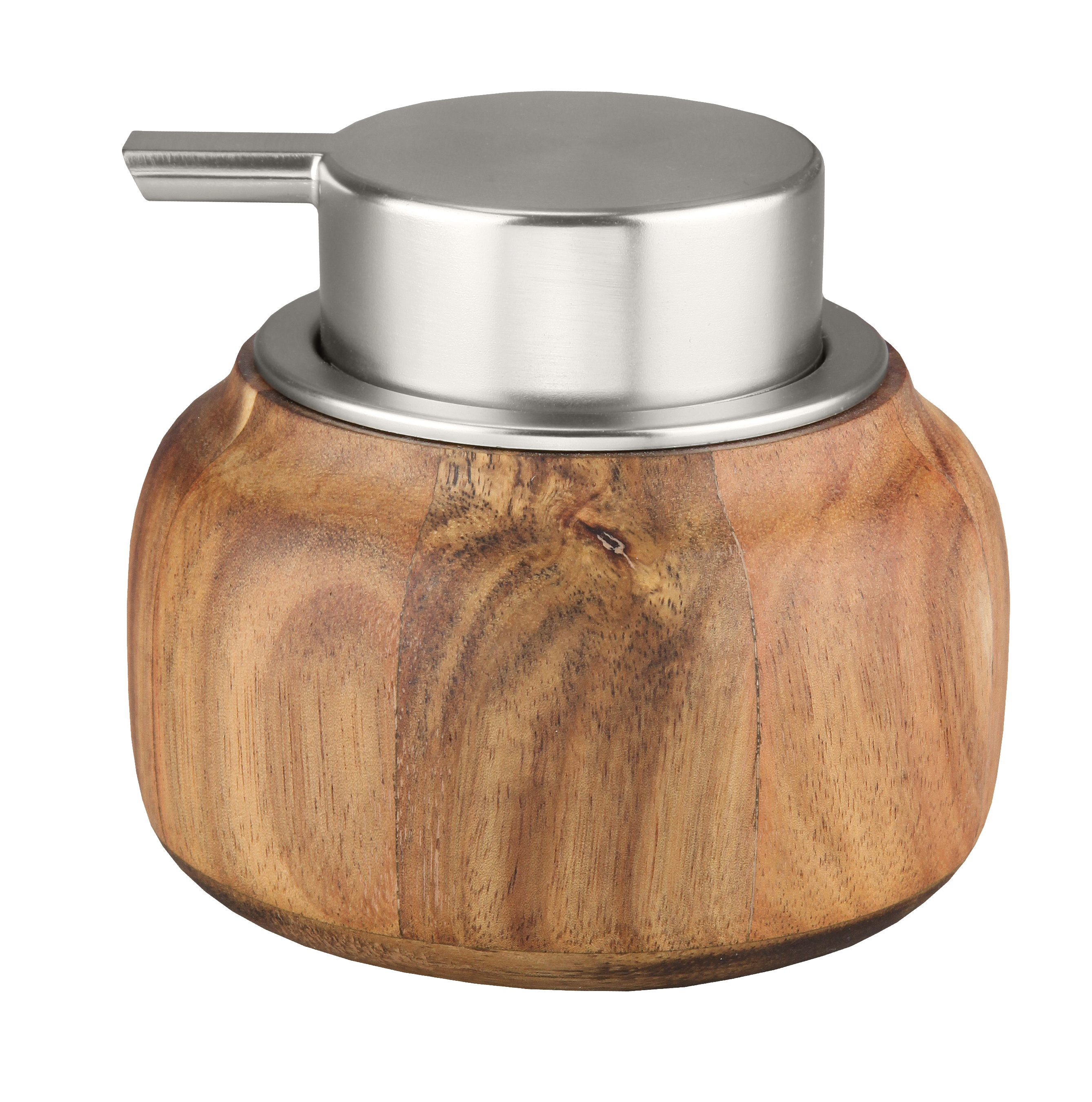Seifenspender aus Holz und Edelstahl, rundes Design, natürliche Holzmaserung, modernes und elegantes Badezimmer-Accessoire.