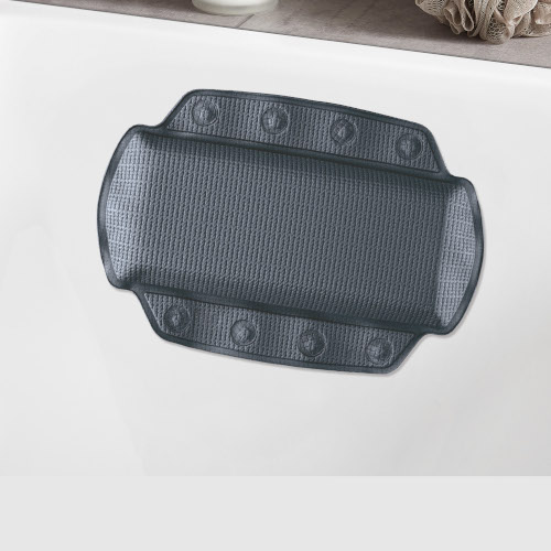 Schwarzes Badewannenkissen mit Saugnäpfen, ergonomisch geformt für optimalen Komfort und Halt.