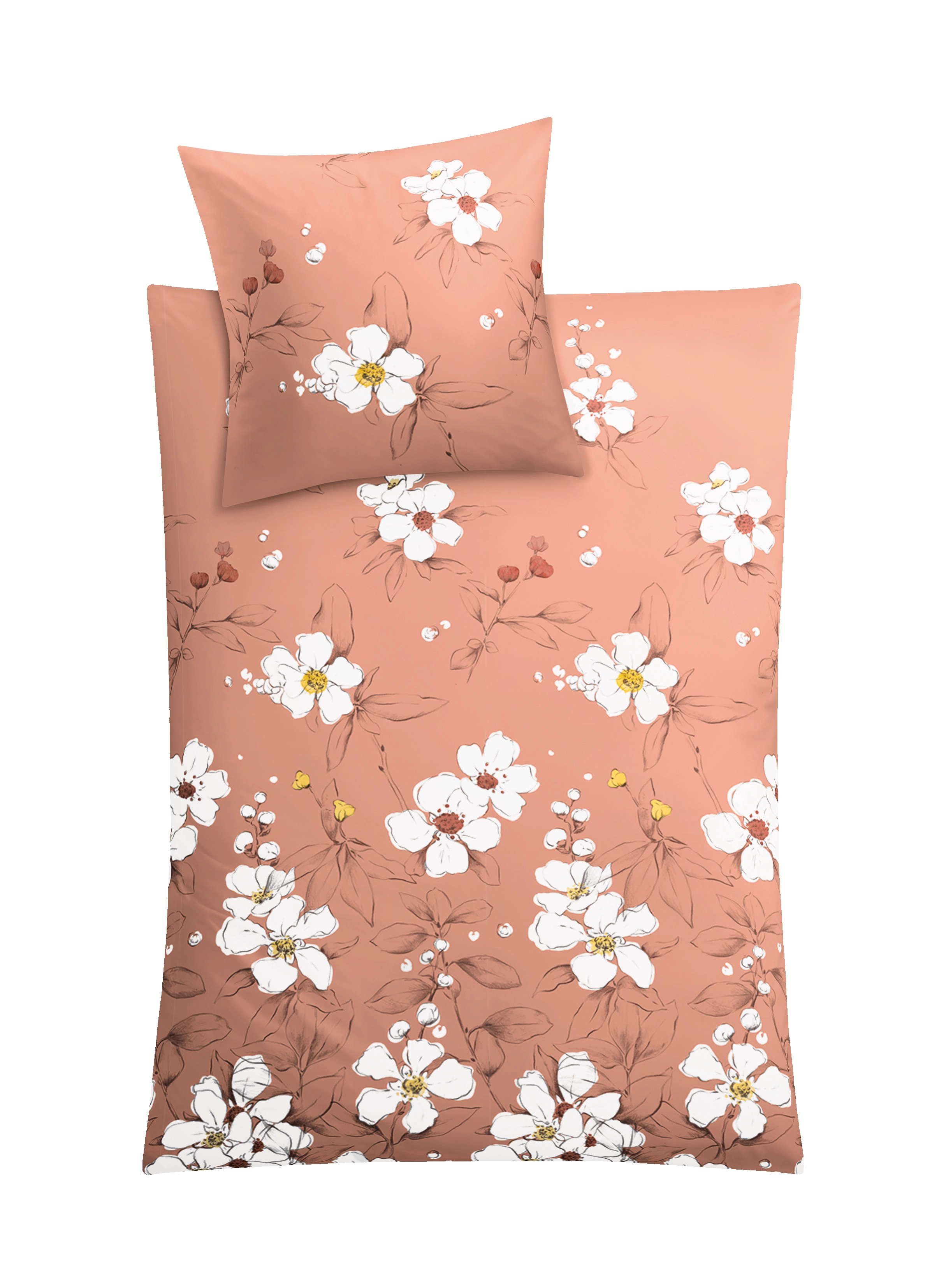 Bettwäsche Satin SIENNA Terracotta 135 x 200 cm und 80 x 80 cm Bettwäsche-Set in Terrakotta mit weißen Blumenmotiven, bestehend aus einem Kissen- und einem Deckenbezug.