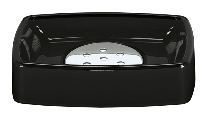 Schwarze Seifenschale mit abnehmbarem Einsatz, rechteckig, glänzende Oberfläche. Ideal für Badezimmer und Küche.