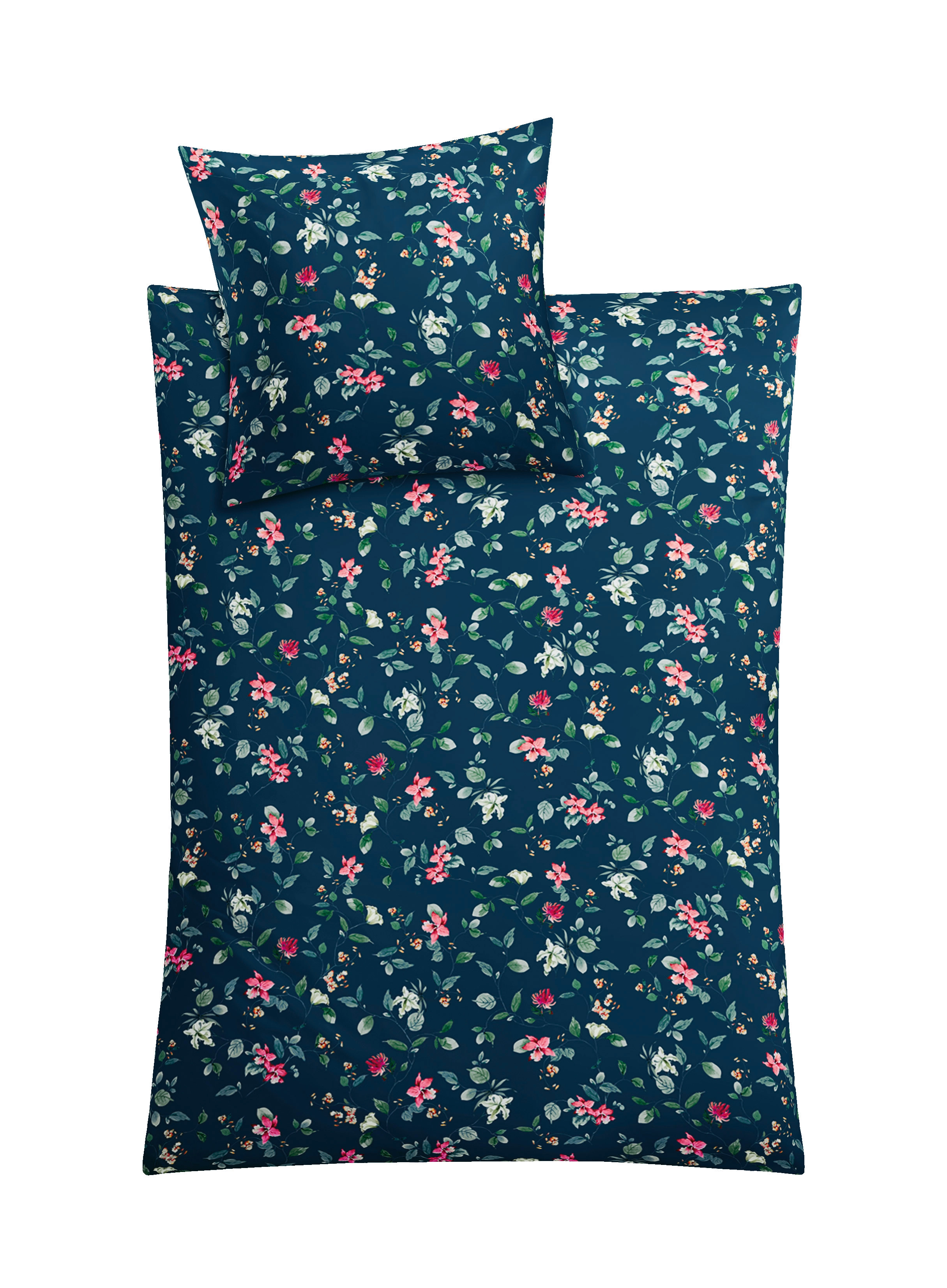 Bettwäsche-Set mit floralem Muster in Dunkelblau, bestehend aus Decken- und Kissenbezug. Ideal für ein stilvolles Schlafzimmer.