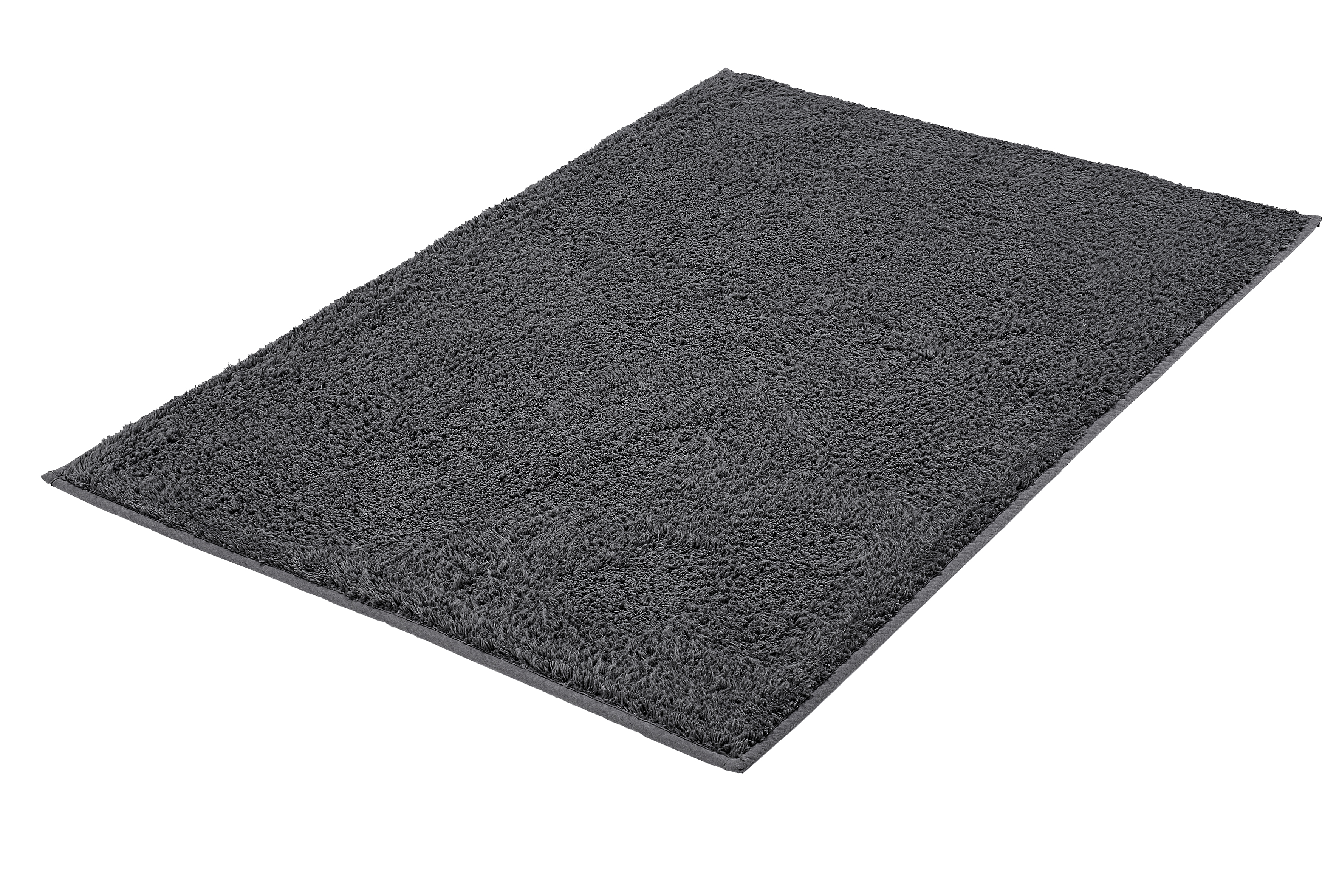 Grauer, rechteckiger Hochflor-Teppich mit weicher, flauschiger Oberfläche, ideal für Wohn- und Schlafzimmer.
