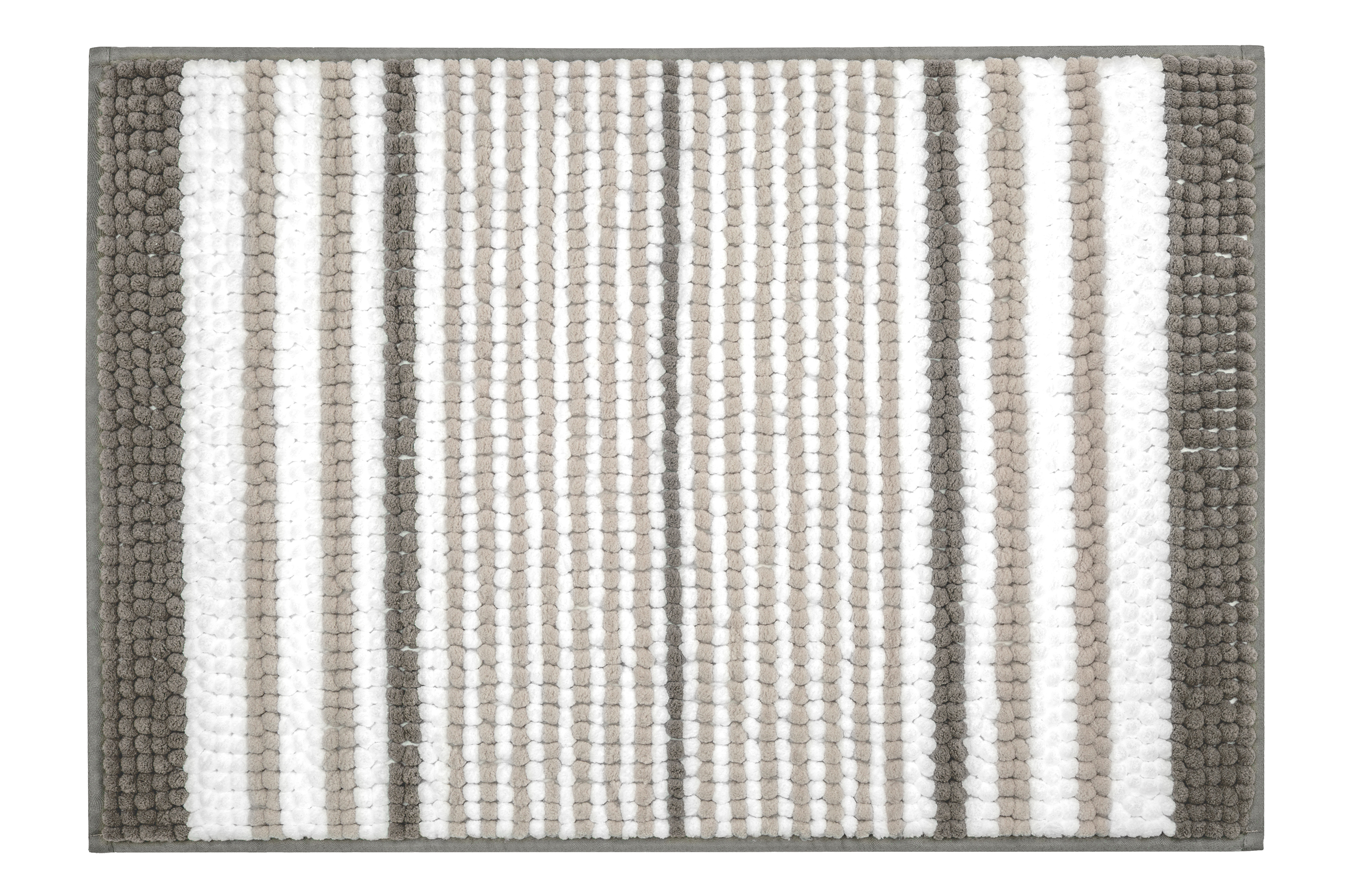 Quadratischer Badteppich mit weicher, strukturierter Oberfläche in Grau- und Weißtönen, gestreiftes Design für moderne Badezimmer.