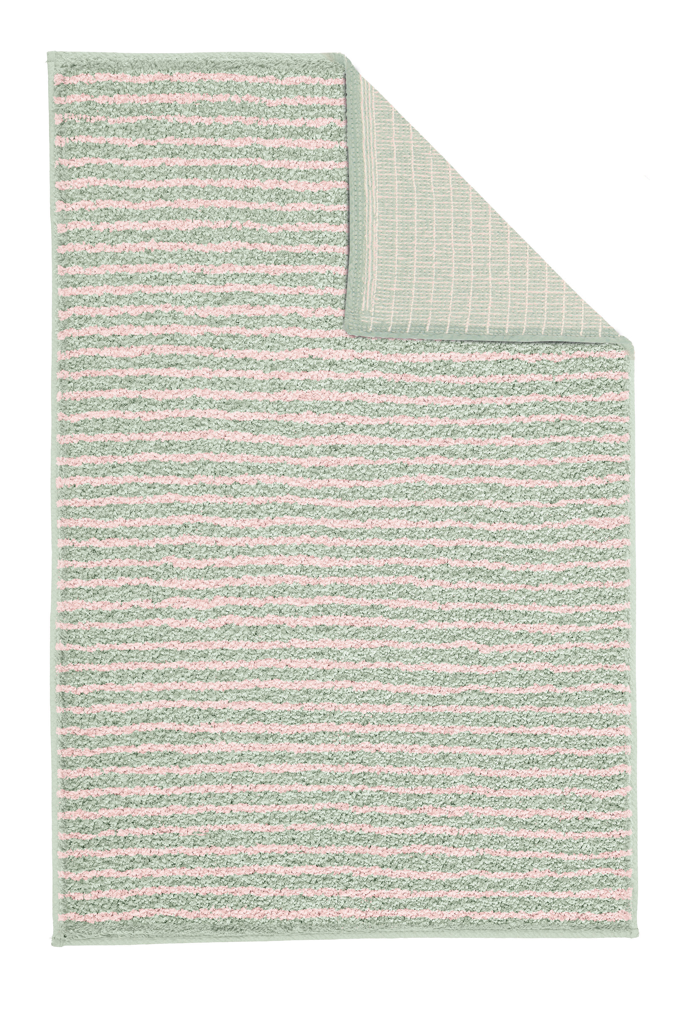 Weicher, gestreifter Badteppich in Pastellgrün und Weiß mit rutschfester Rückseite. Perfekt für ein stilvolles Badezimmer.