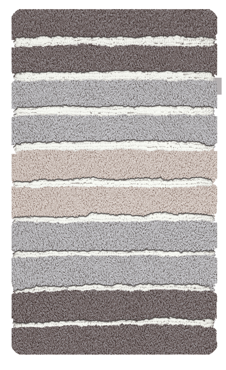 Moderner Badteppich mit Streifenmuster in Grau-, Beige- und Weißtönen, weiche Textur, rutschfeste Unterseite.