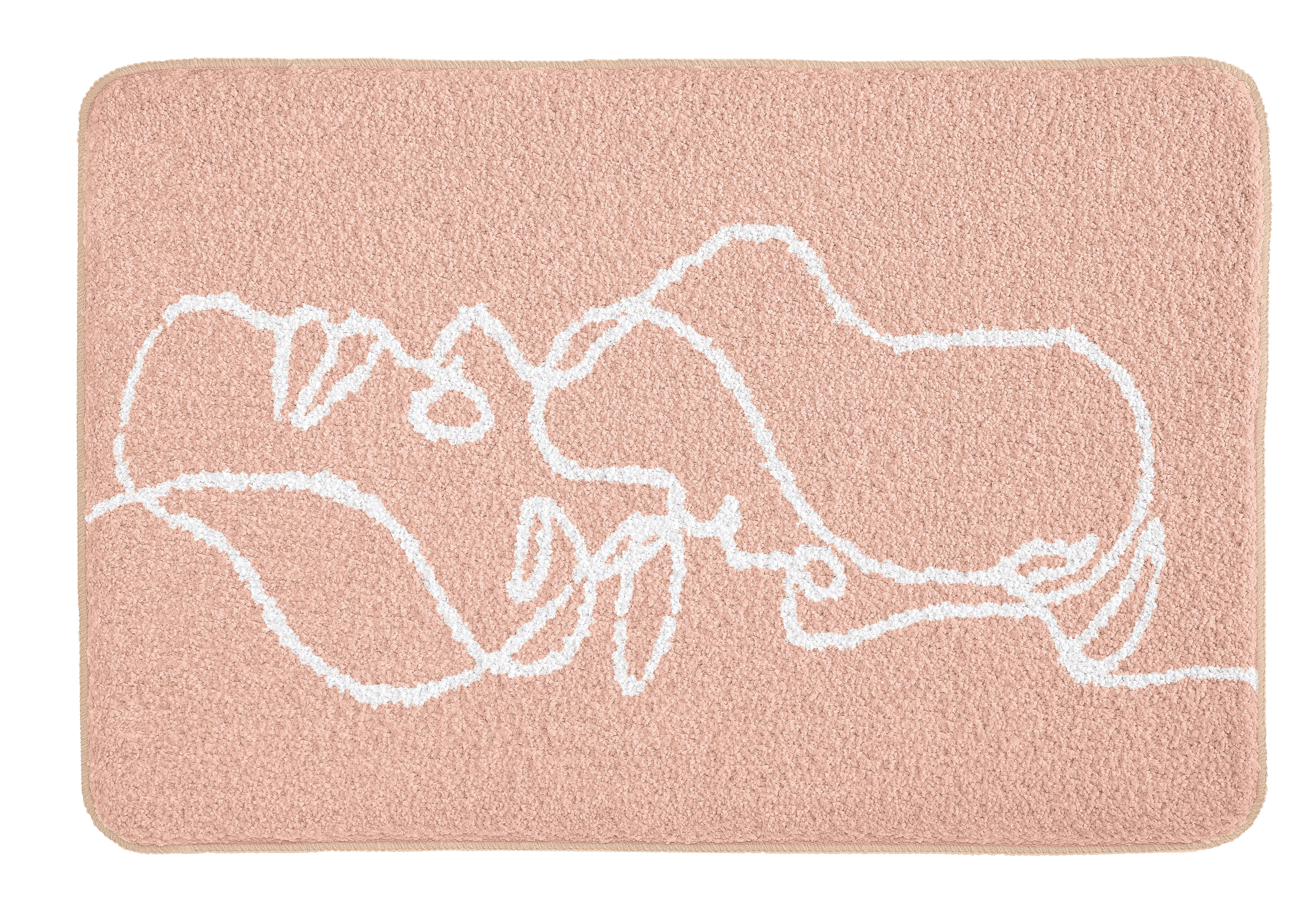 Rosa Badematte mit weißem, abstraktem Gesichtsmuster, rechteckig und weiche Textur.