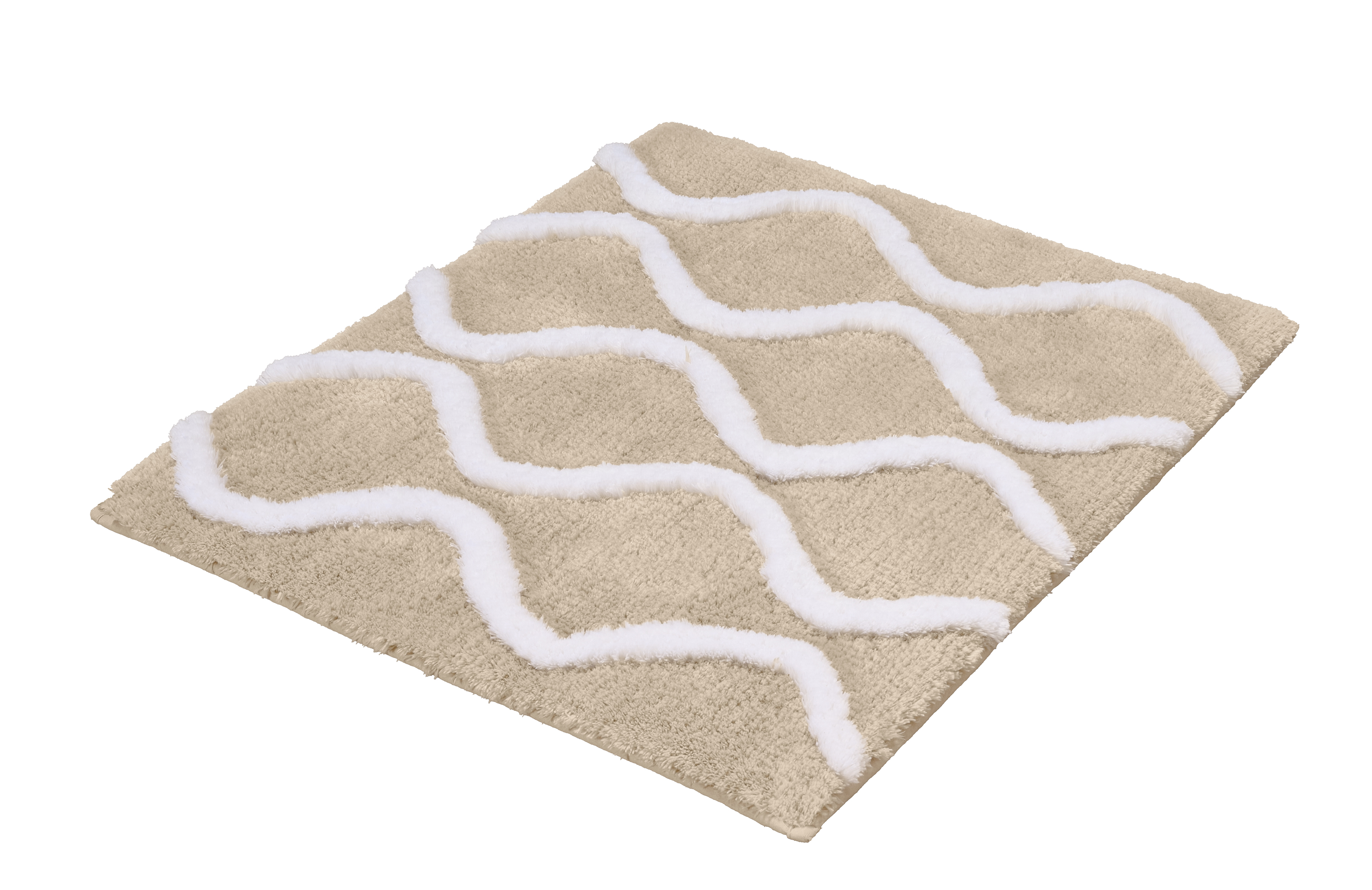 Beiger Badteppich mit weißen, wellenförmigen Linien, weiche Textur, modernes Design, ideal für Badezimmer.