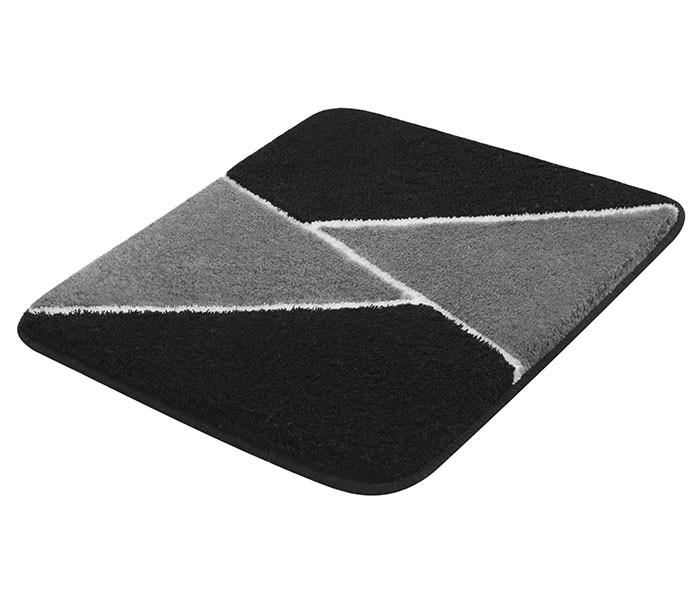 Badezimmerteppich in Schwarz und Grau mit geometrischem Muster, weiche Oberfläche, rutschfeste Unterseite.