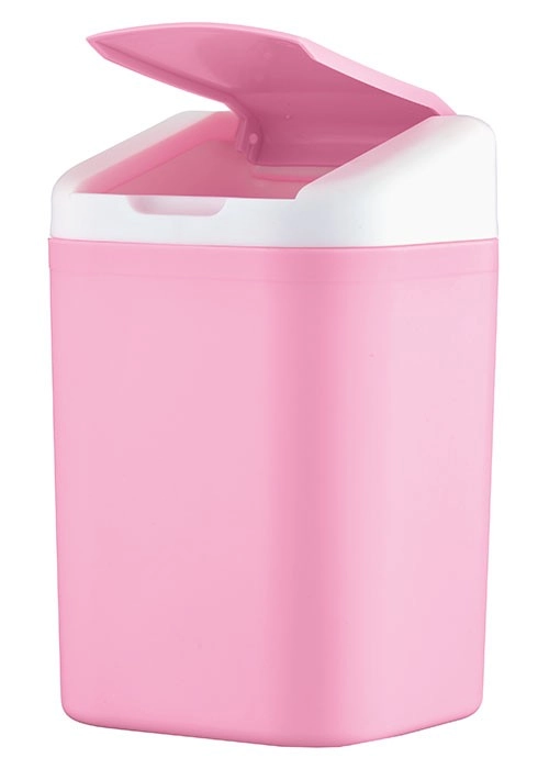 4004478316867 Rosa Mülleimer mit weißem Deckel, der nach oben geöffnet ist. Modernes Design, ideal für Badezimmer oder Küche.
