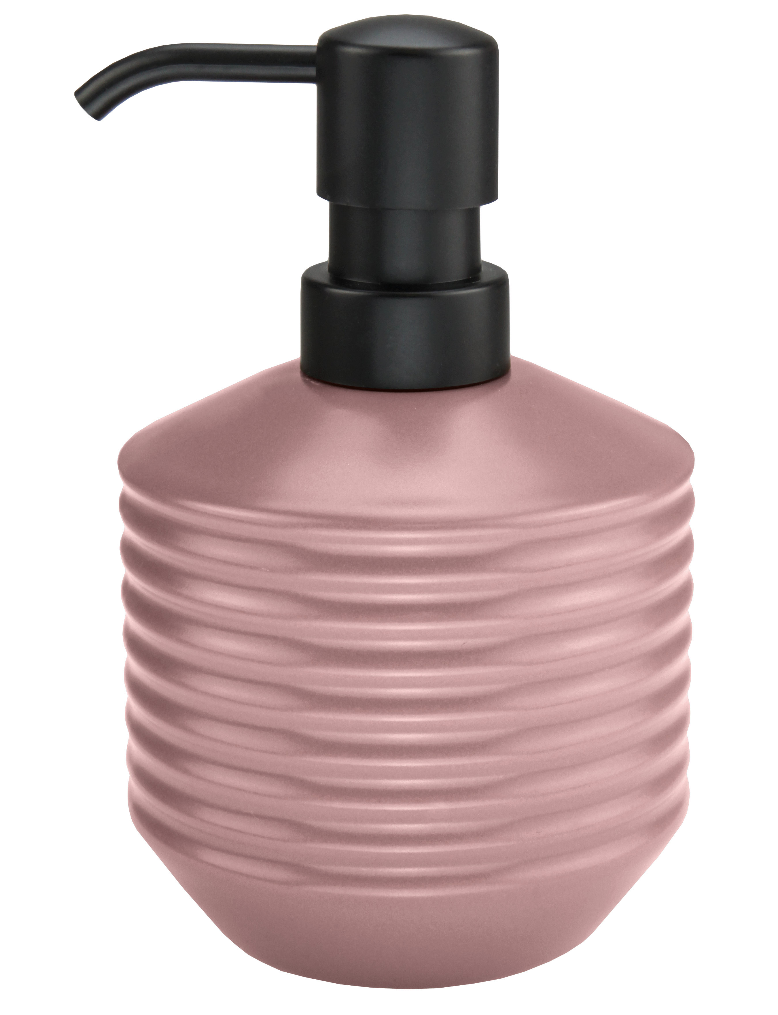 Seifenspender in modernem Design, mattrosa mit schwarzen Akzenten, geriffelte Oberfläche für besseren Halt.
