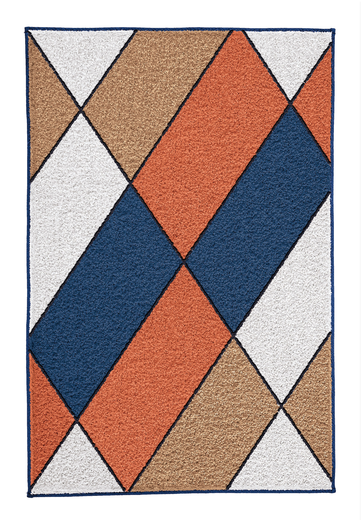 Moderner Teppich mit geometrischem Muster in Blau, Orange, Weiß und Beige. Perfekt für ein stilvolles Wohnambiente.