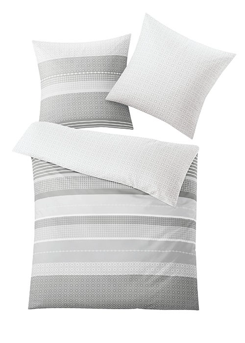Bettwäsche-Set in Grau und Weiß mit geometrischen Mustern und Streifen. Enthält einen Bettbezug und zwei Kissenbezüge.