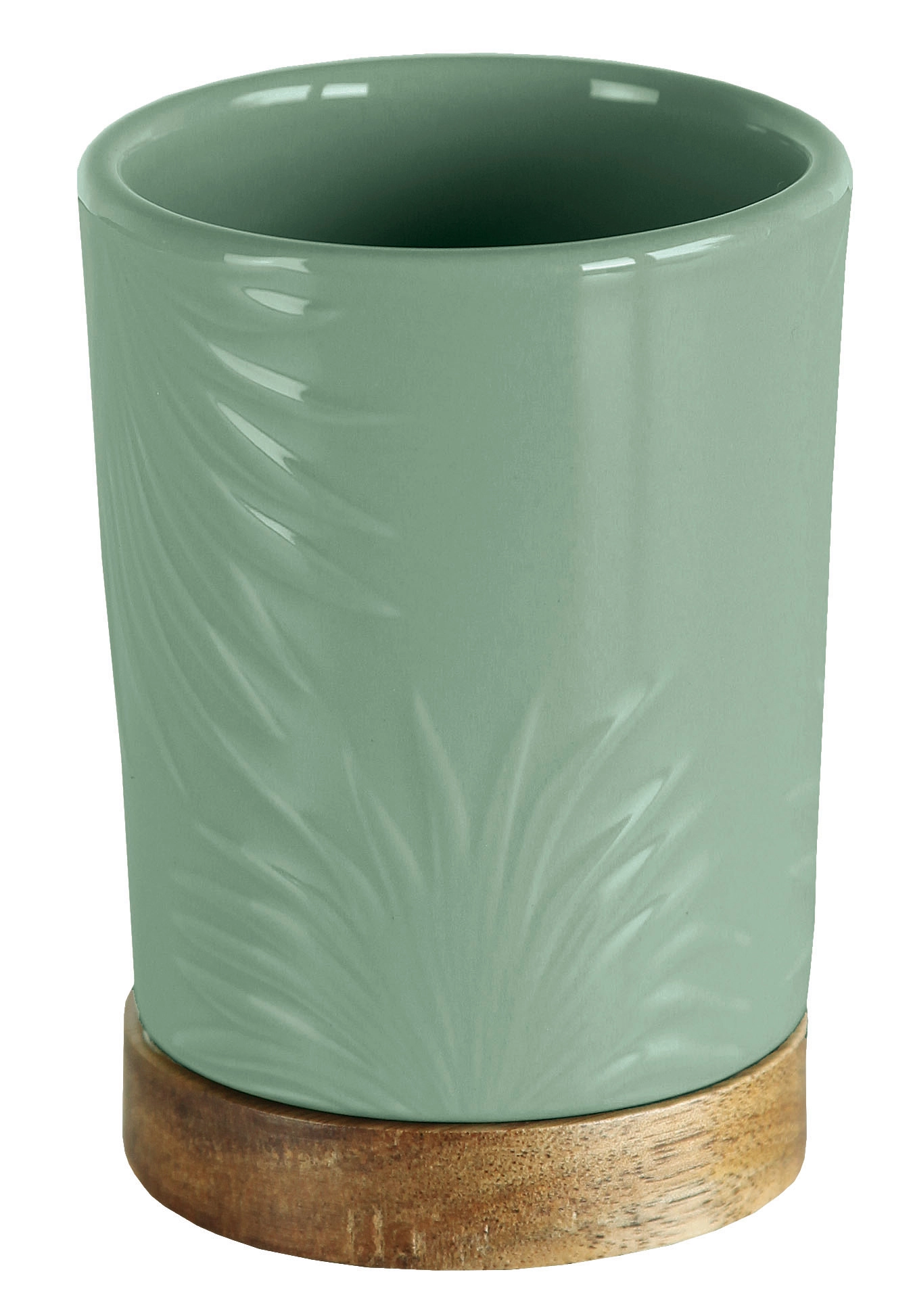 Grüner Keramik-Zahnputzbecher mit dezentem Blattmuster und Holzsockel. Ideal für stilvolle Badezimmer.