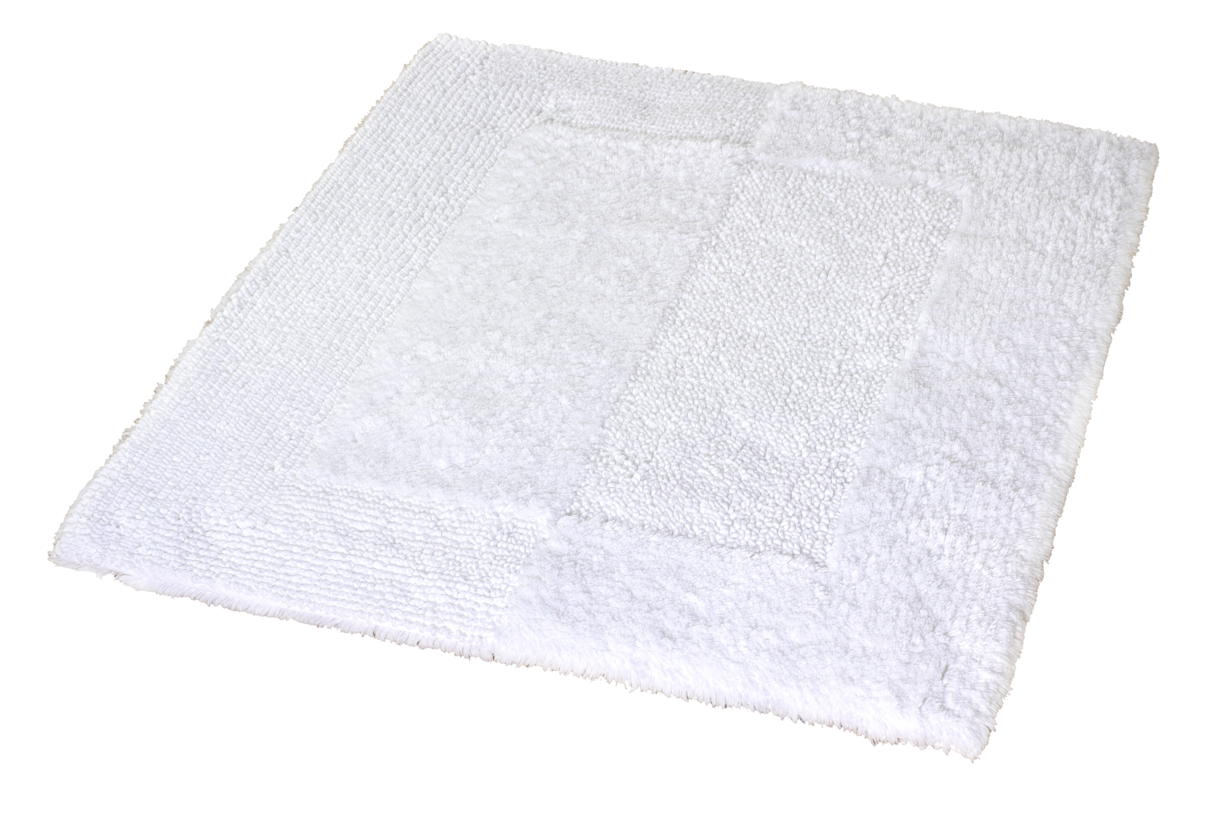 Weißer, flauschiger Badteppich mit rechteckigem Muster, ideal für ein gemütliches und stilvolles Badezimmer.