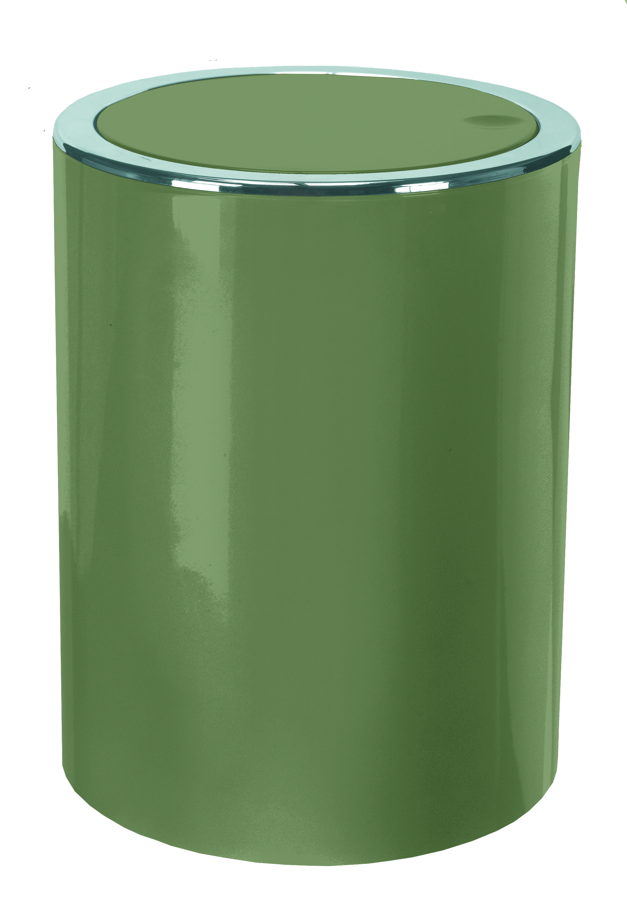 Moderner, grüner Abfalleimer mit glänzendem Finish und silbernem Rand, ideal für stilvolle Badezimmer oder Büros.