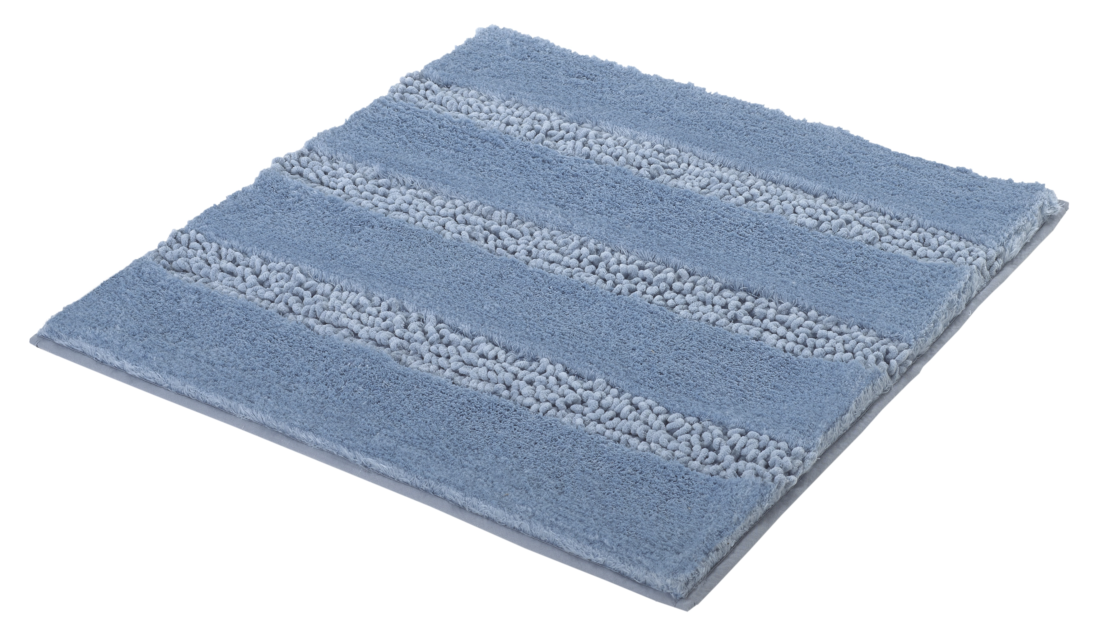 Blaue Badematte mit Streifenmuster, weiche Textur, rutschfeste Unterseite, ideal für Badezimmer.