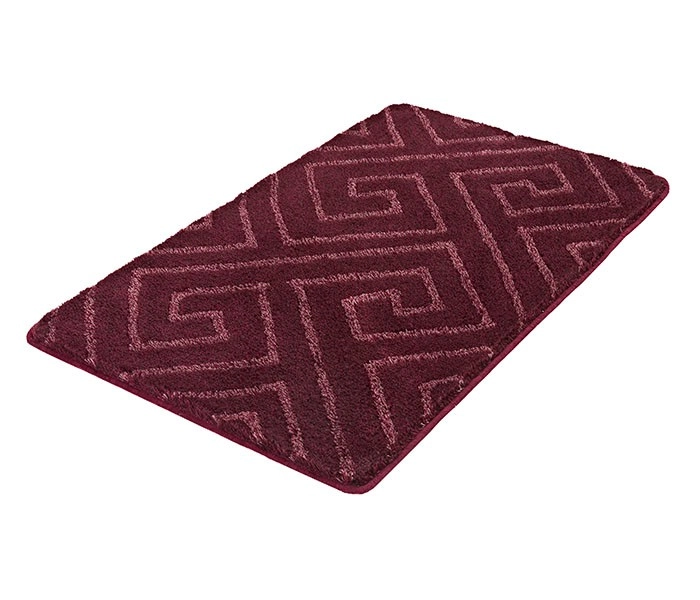 Bordeauxfarbener Badteppich mit geometrischem Muster, weiche Textur, rutschfeste Unterseite, ideal für Badezimmer.