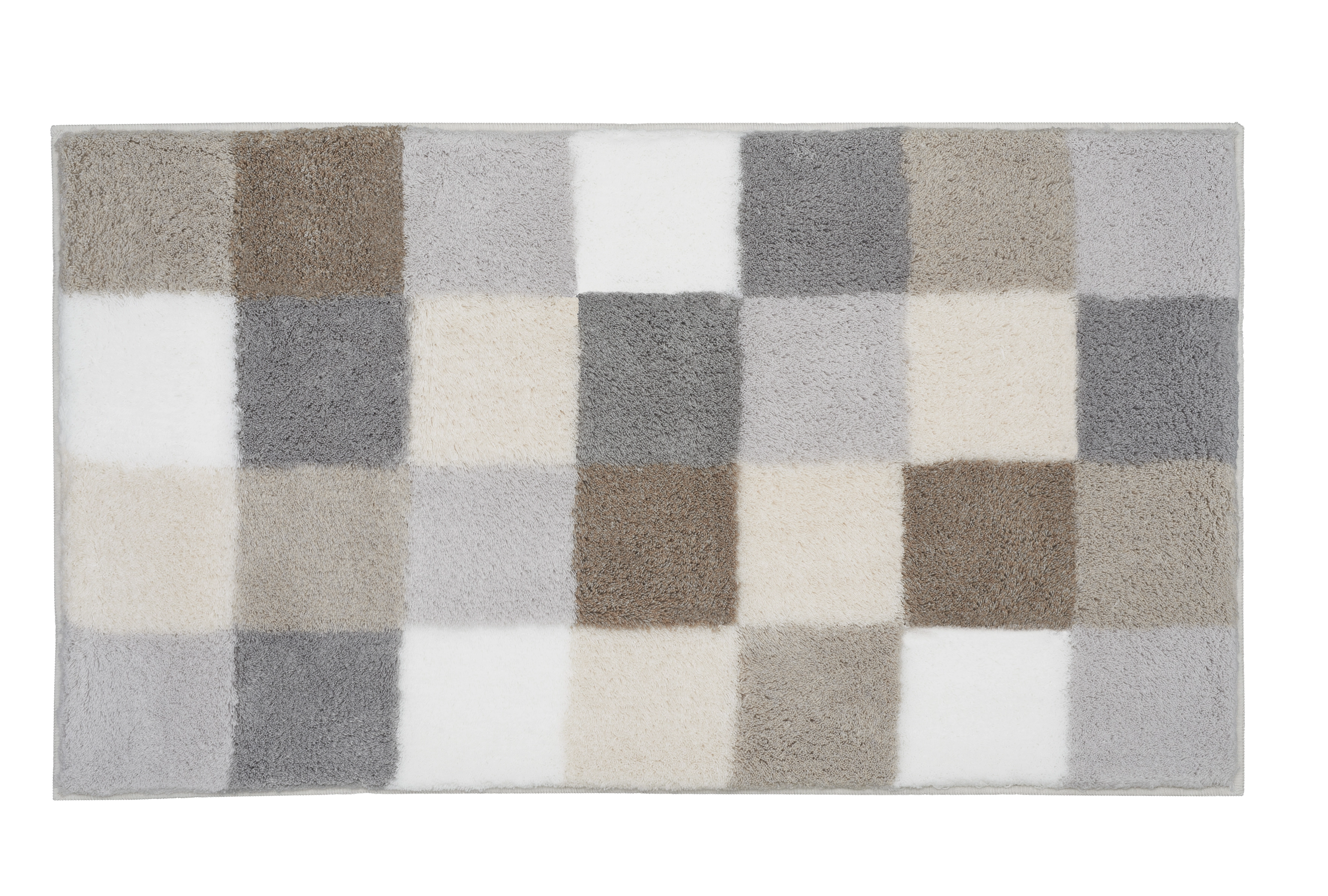 Badematte mit Karomuster in neutralen Tönen wie Grau, Beige und Weiß. Weiche Textur, ideal für jedes Badezimmer.