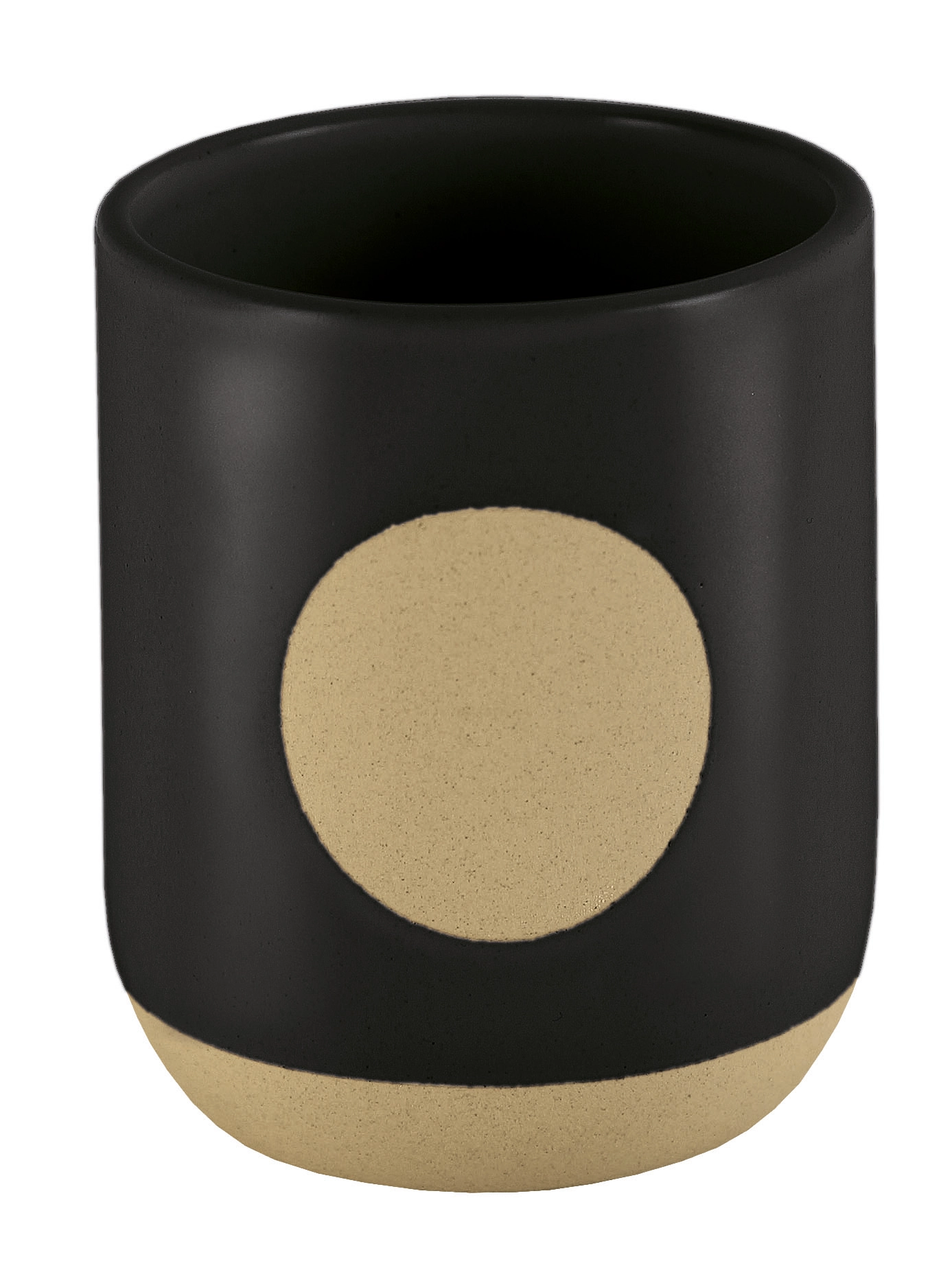 Schwarzer Zahnputzbecher mit beigem Kreis- und Streifenmuster, modernes Design, matte Oberfläche.