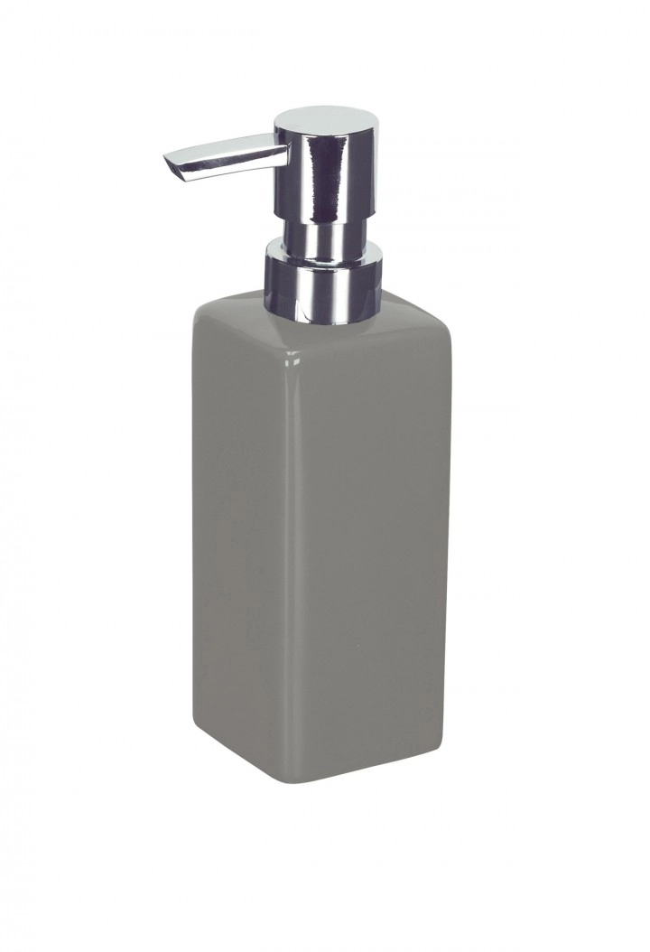 4004478158276 Grauer Seifenspender mit glänzendem Chrom-Pumpkopf, minimalistisches Design, ideal für moderne Badezimmer.
