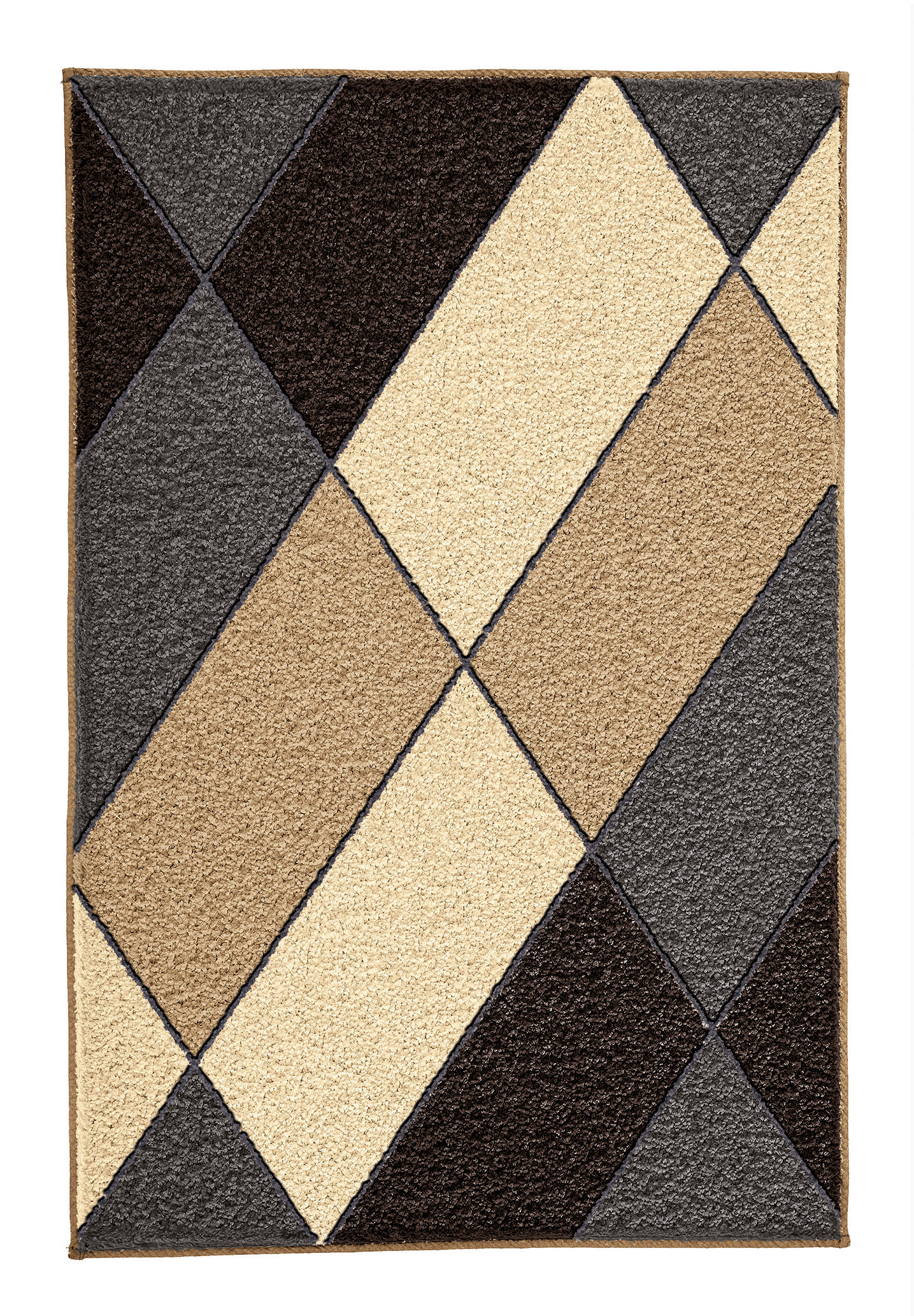 Moderner Teppich mit geometrischem Muster in Beige, Braun und Grau. Ideal für Wohnzimmer oder Büro.