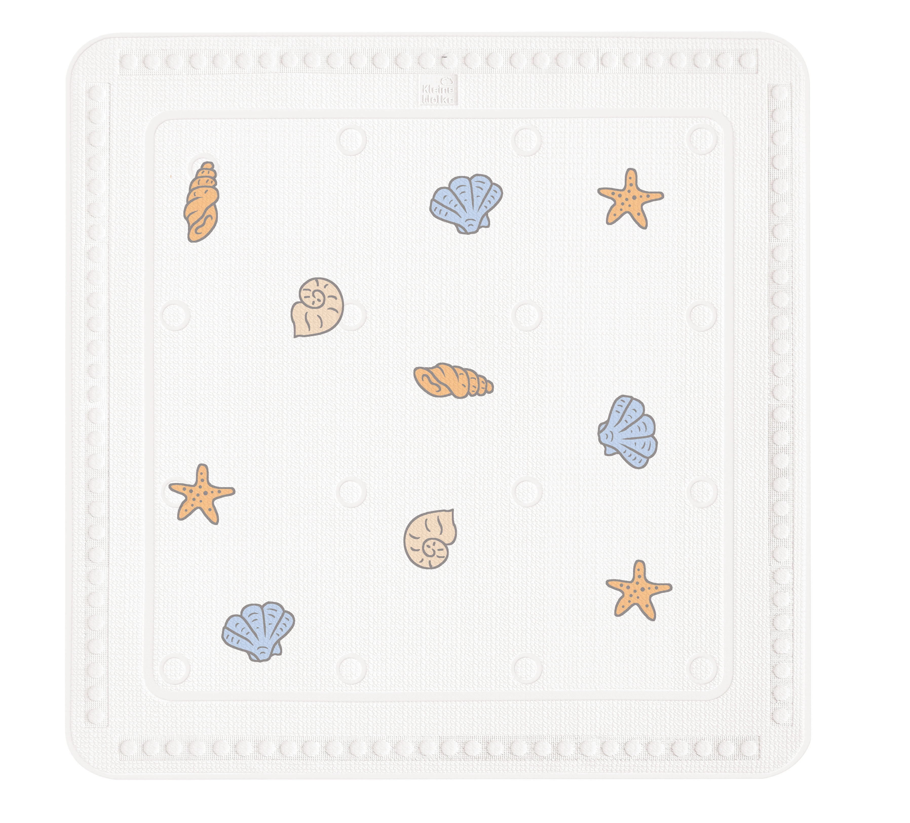 Rutschfeste Badematte mit Muschel- und Seesternmotiven in Pastellfarben, ideal für sicheren Badespaß.