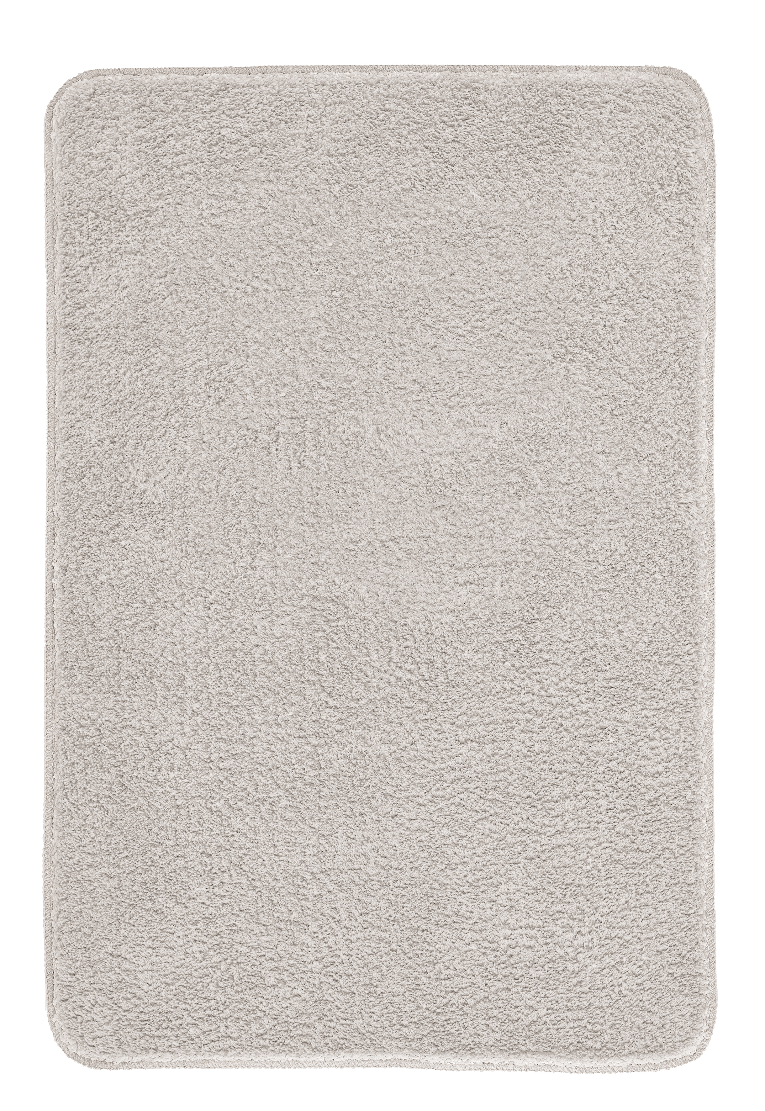 Weicher, rechteckiger Badteppich in hellem Grau, flauschige Oberfläche, rutschfeste Unterseite, ideal für Badezimmer.