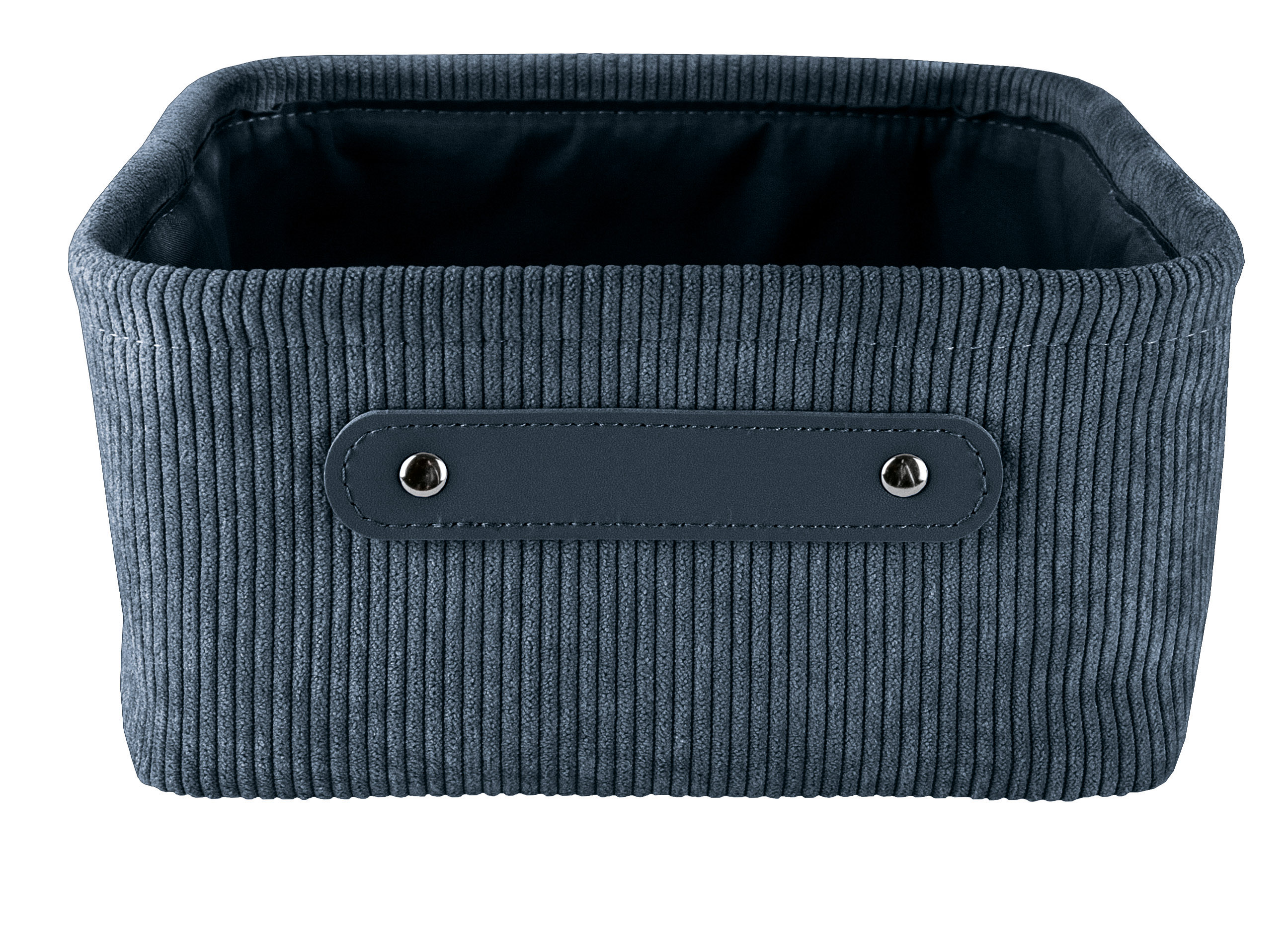 Grauer Aufbewahrungskorb aus Cordstoff mit Griffleiste, ideal für stilvolle und praktische Organisation im Haushalt.