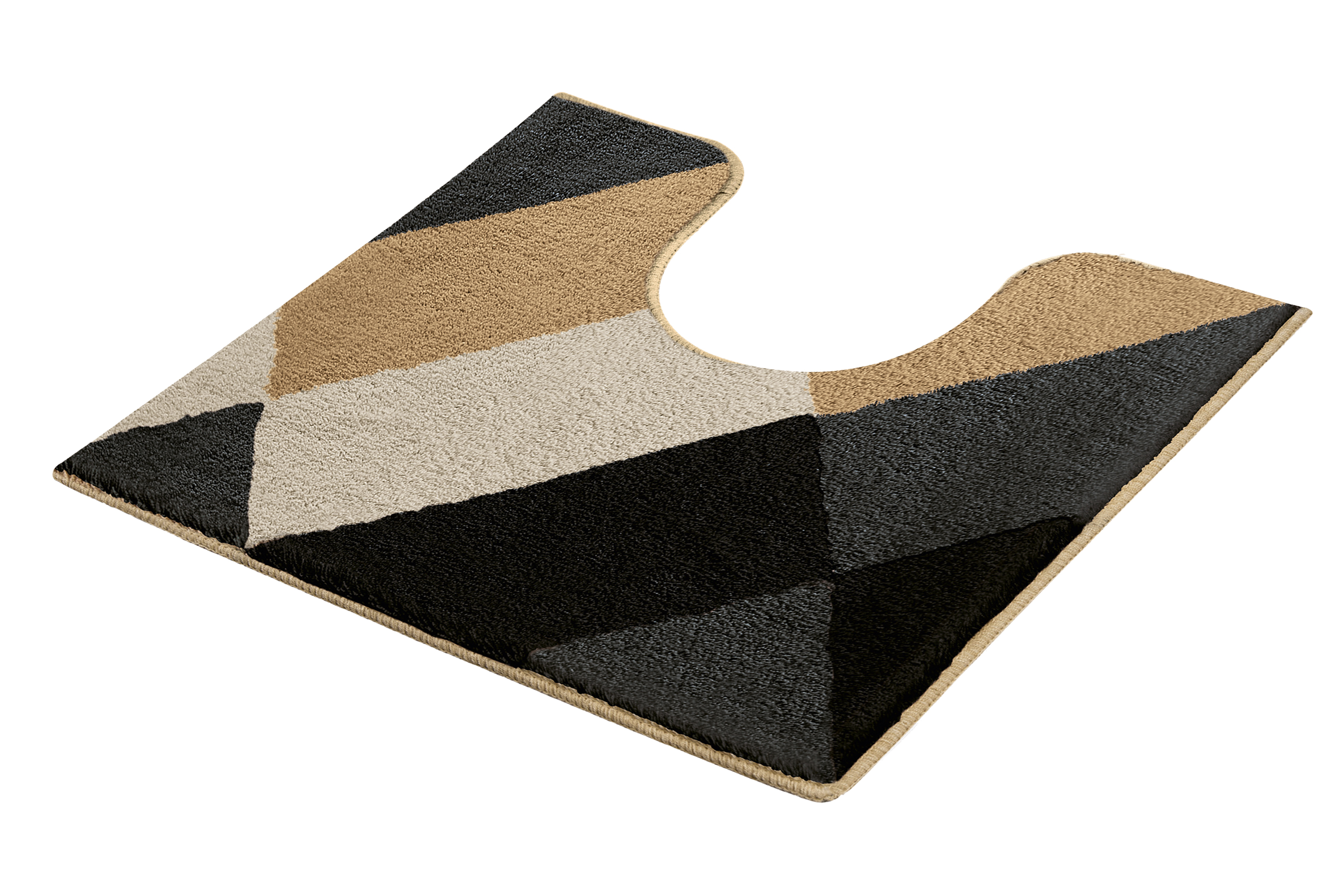 WC-Vorleger AYANA Schwarz 55 x 50 cm mit Ausschnitt Badematte mit geometrischem Muster in Schwarz, Beige und Grau, U-förmig für WC, weiche Oberfläche, rutschfeste Unterseite.