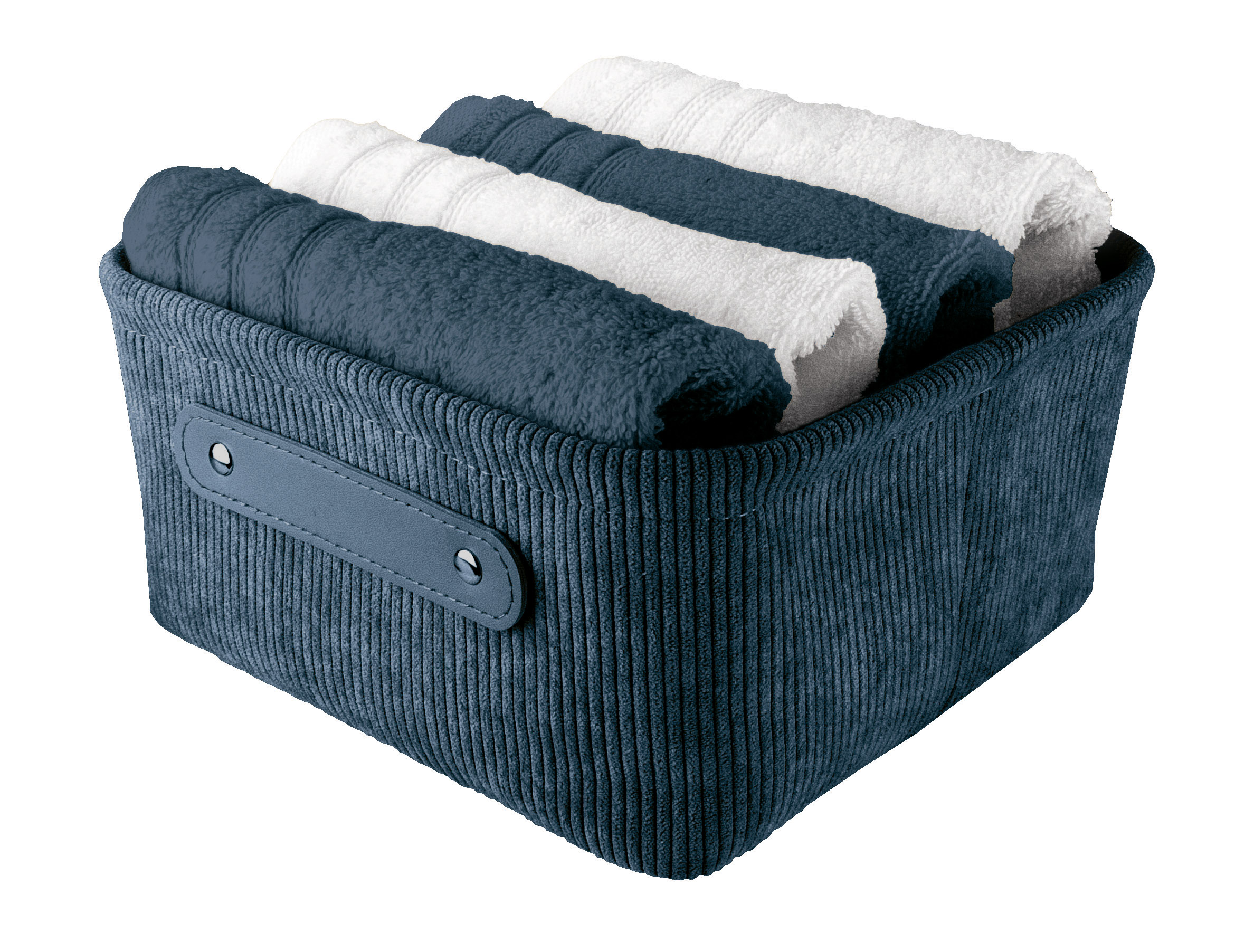 Blauer Aufbewahrungskorb aus Cord mit Griffen, gefüllt mit gefalteten Handtüchern in Weiß und Dunkelblau.
