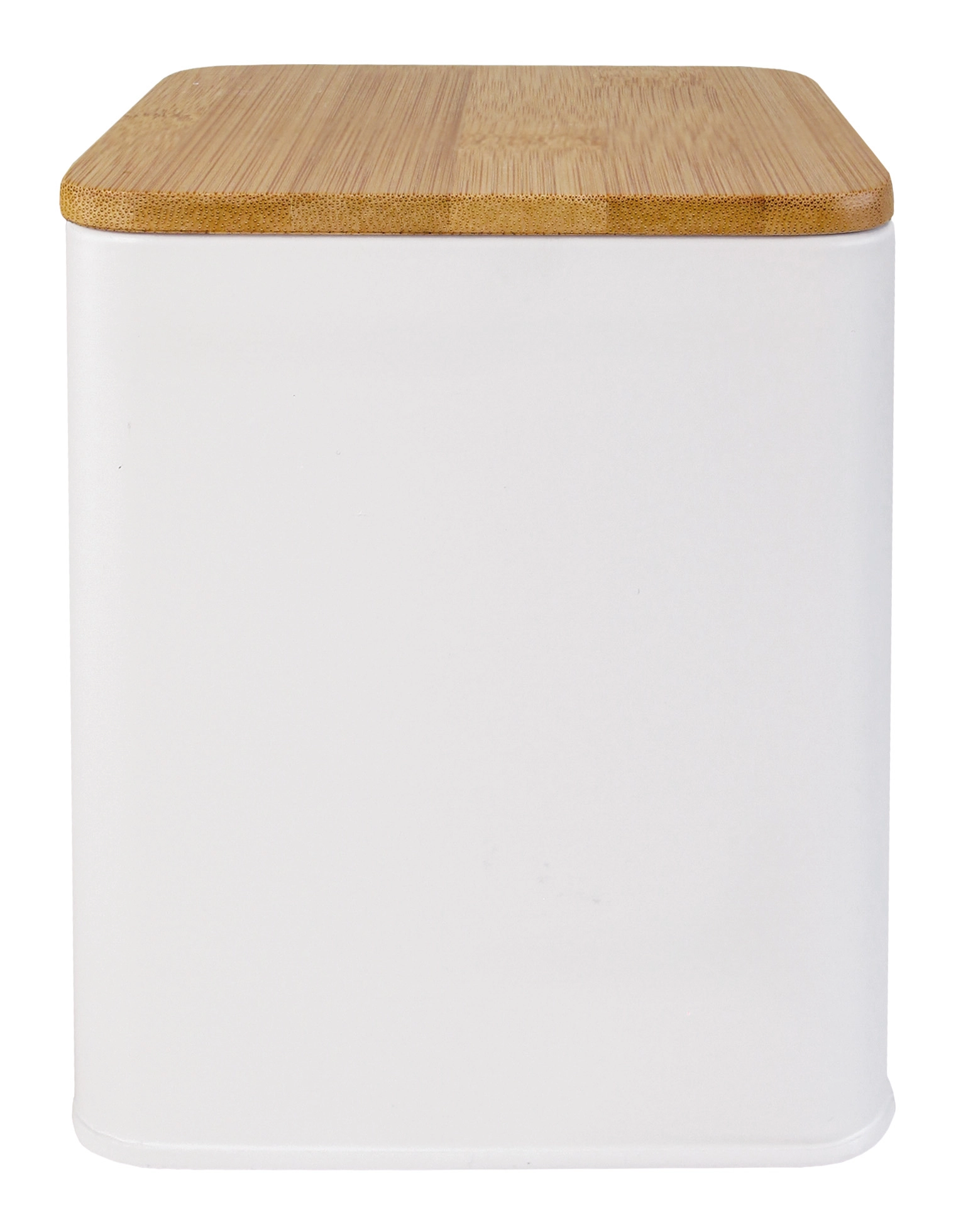 Weiße Aufbewahrungsbox mit abnehmbarem Bambusdeckel, ideal für Küche oder Bad. Modernes, minimalistisches Design.