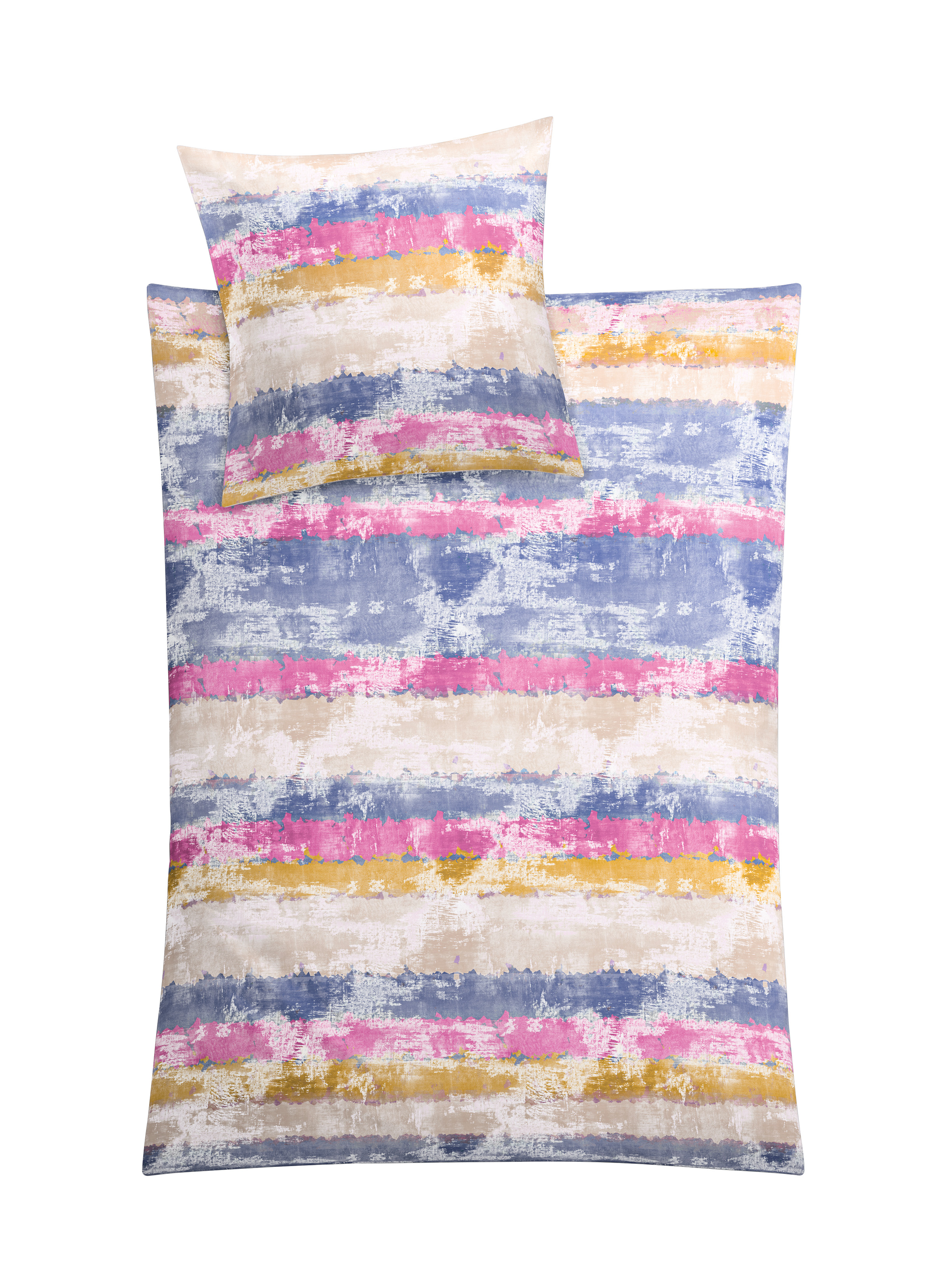 Bunte Bettwäsche mit abstraktem Streifenmuster in Blau, Rosa, Gelb und Weiß, bestehend aus Decken- und Kissenbezug.