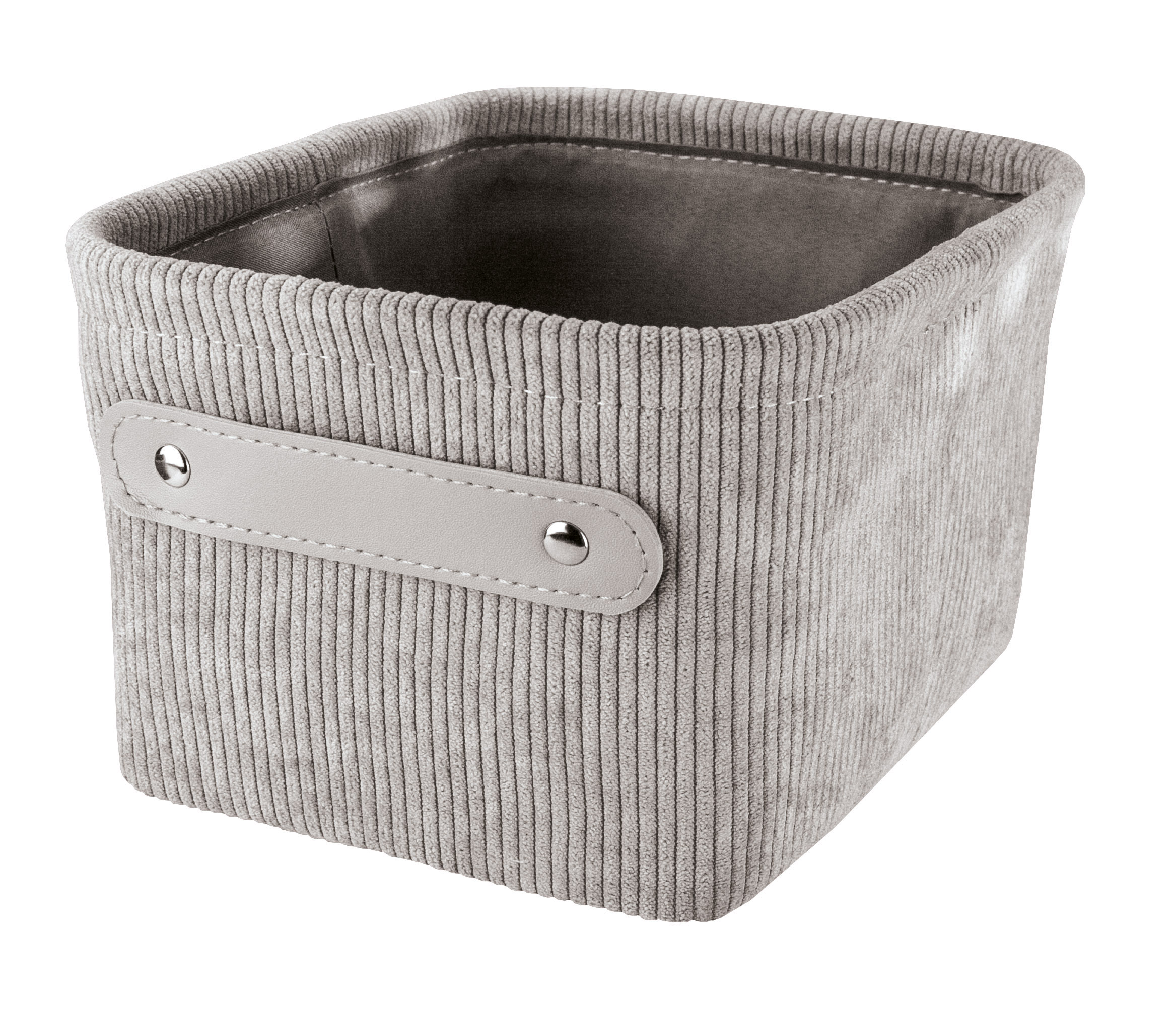 Aufbewahrungskorb BEDFORD Platinfarben S Grauer Aufbewahrungskorb aus weichem Cordstoff mit stabilen Griffen, ideal für stilvolle und praktische Organisation.