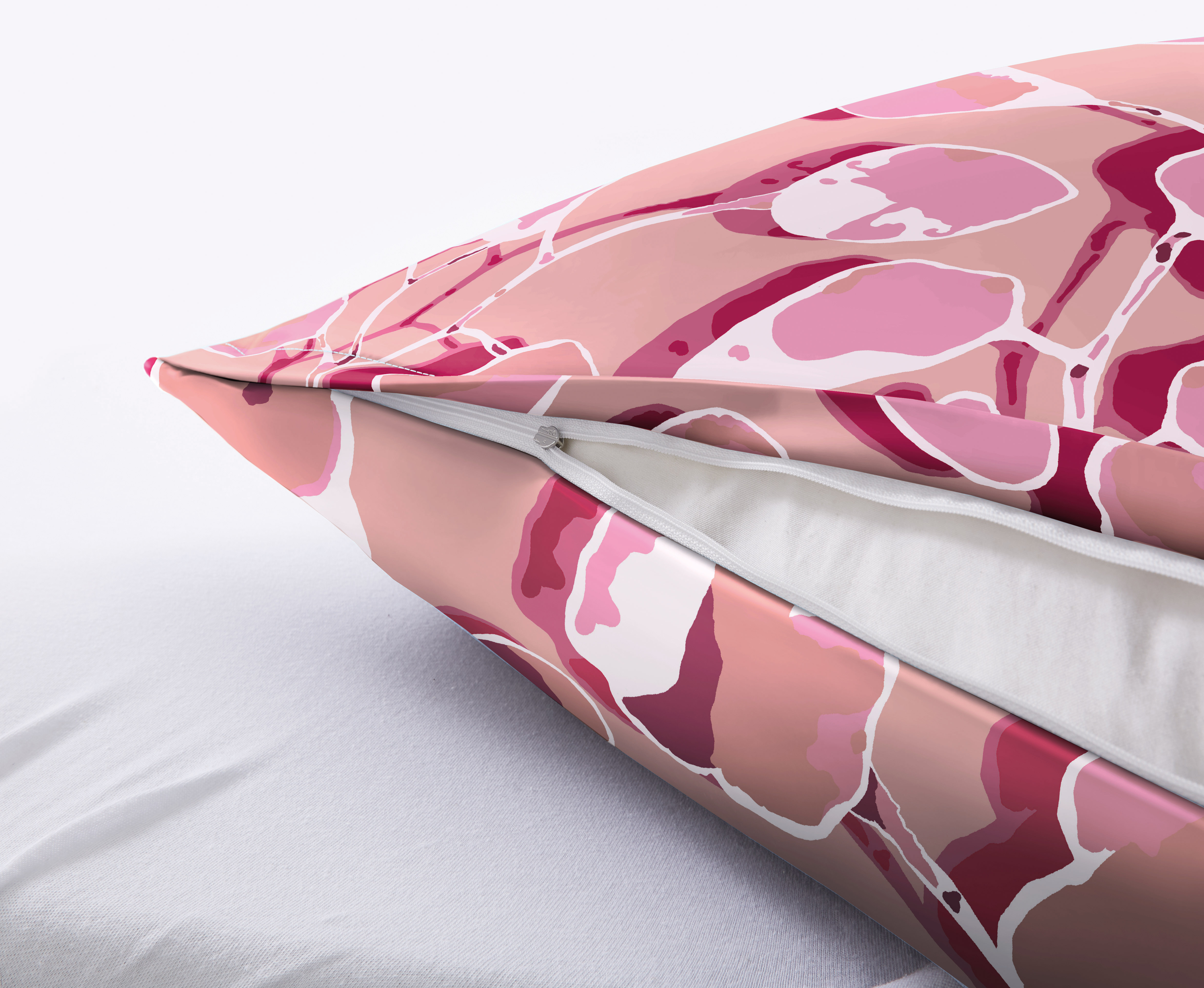 Kissenbezug mit abstraktem rosa Muster und Reißverschluss, weiche Baumwolle, ideal für stilvolle Schlafzimmer.