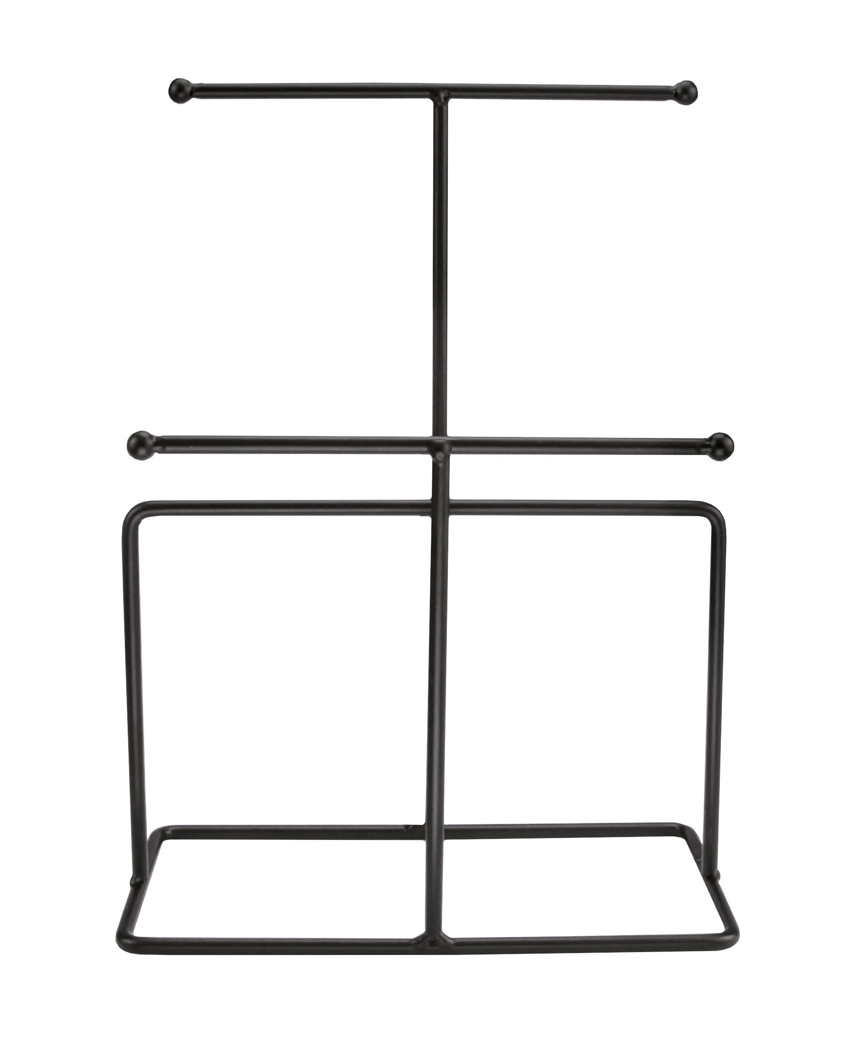 Moderner, schwarzer Handtuchhalter aus Metall mit zwei Stangen und stabilem Standfuß, ideal für Badezimmer und Gäste-WC.